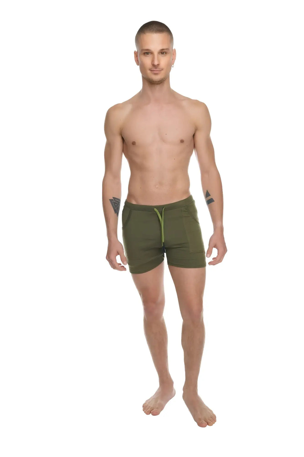 Olive green transition yoga shorts with lime green drawstring designed for athletic comfort and flexibility