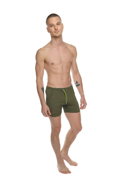 Olive green transition yoga shorts with lime green drawstring designed for comfortable athletic wear