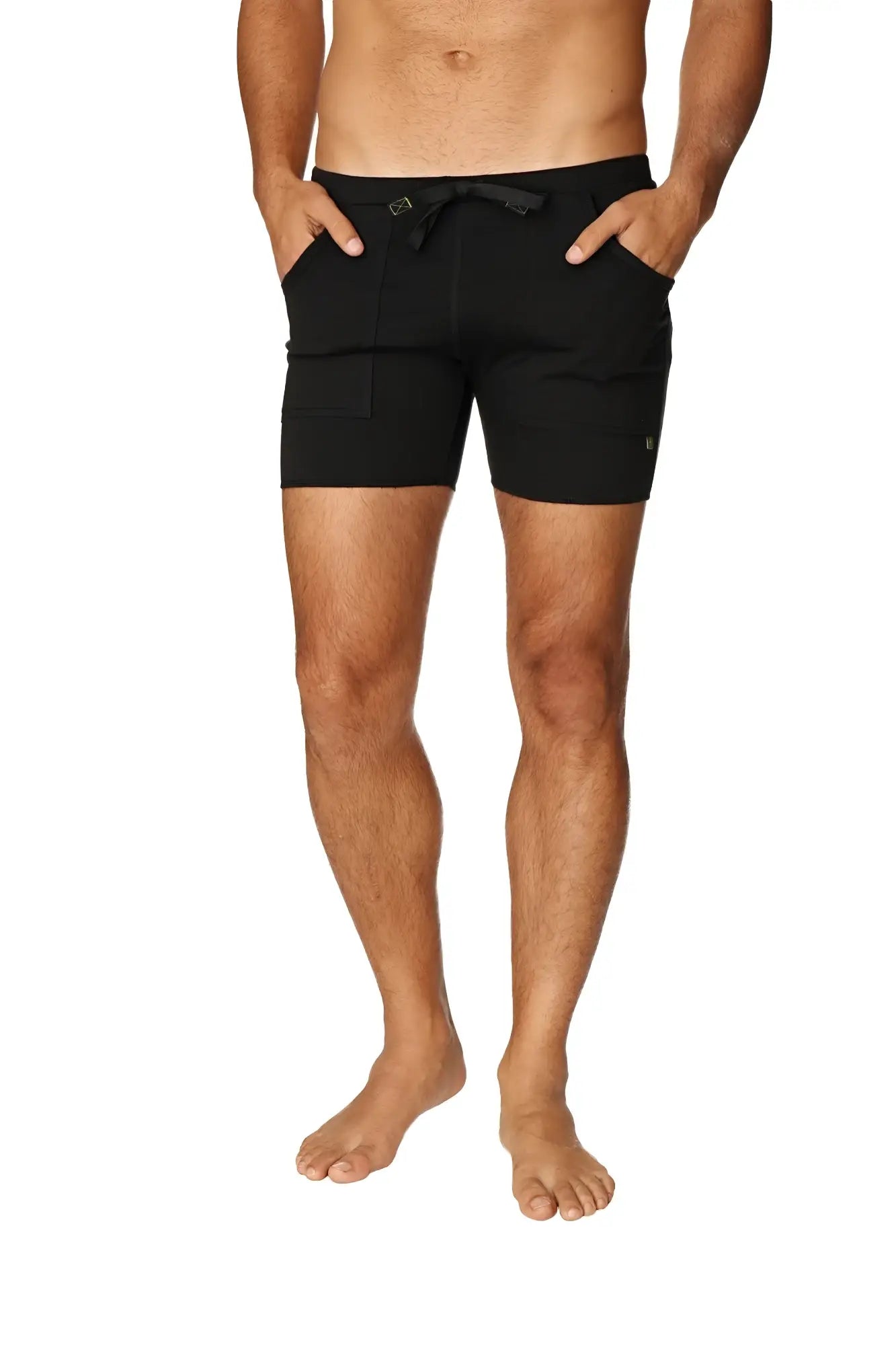 Black transition yoga shorts with sleek modern design and subtle side branding ideal for active wear