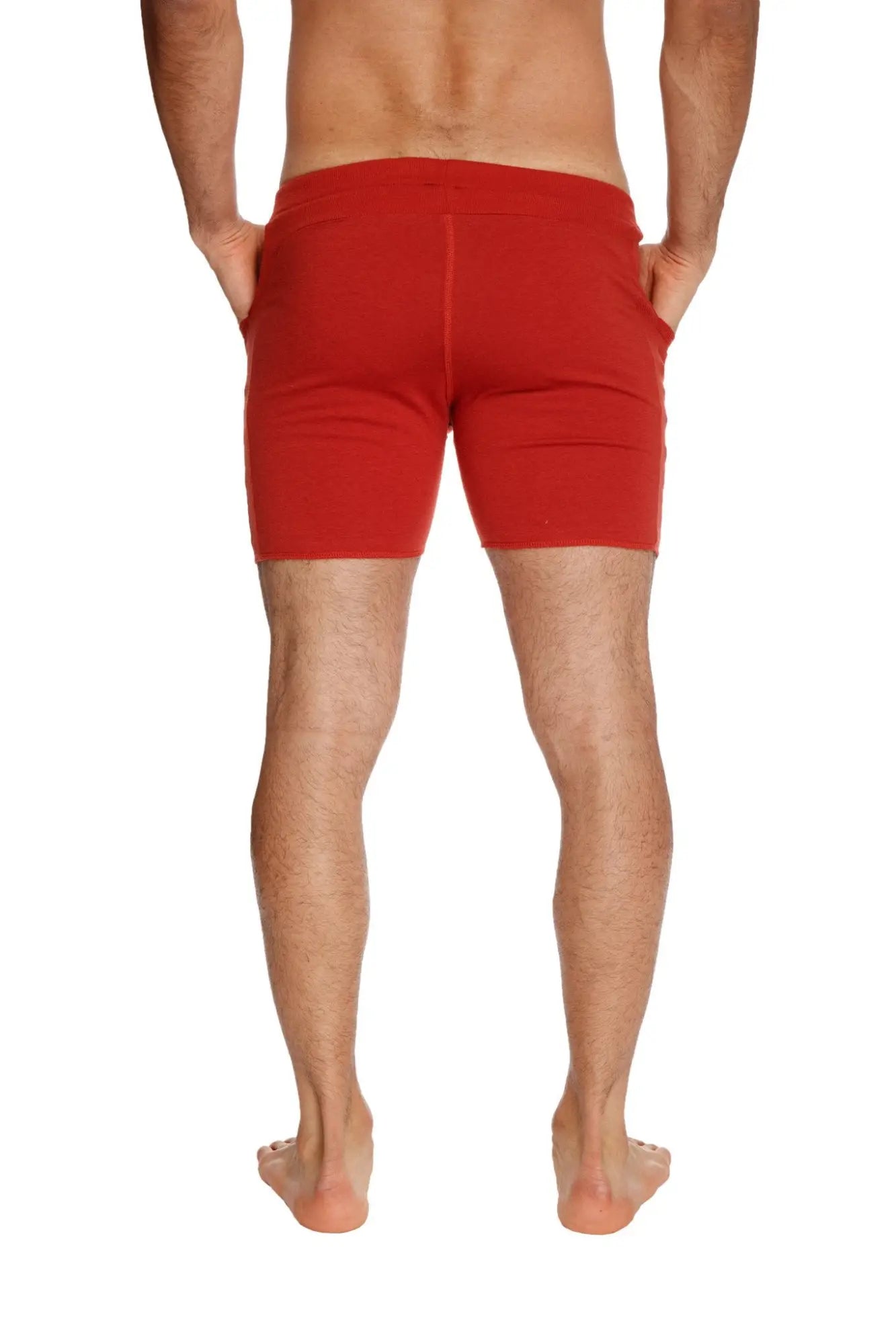 Transition yoga short cinnabar red with snug fit red athletic fabric and side pockets for active wear