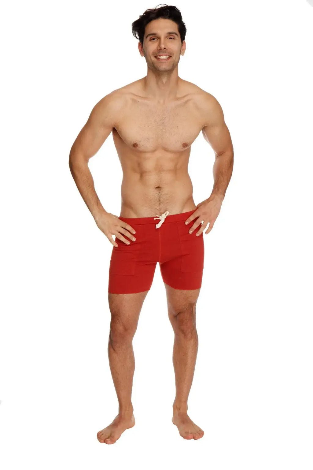 Red transition yoga short swim trunks with white drawstring in cinnabar red for activewear use