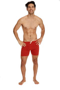 Red transition yoga short swim trunks with white drawstring in cinnabar red for activewear use