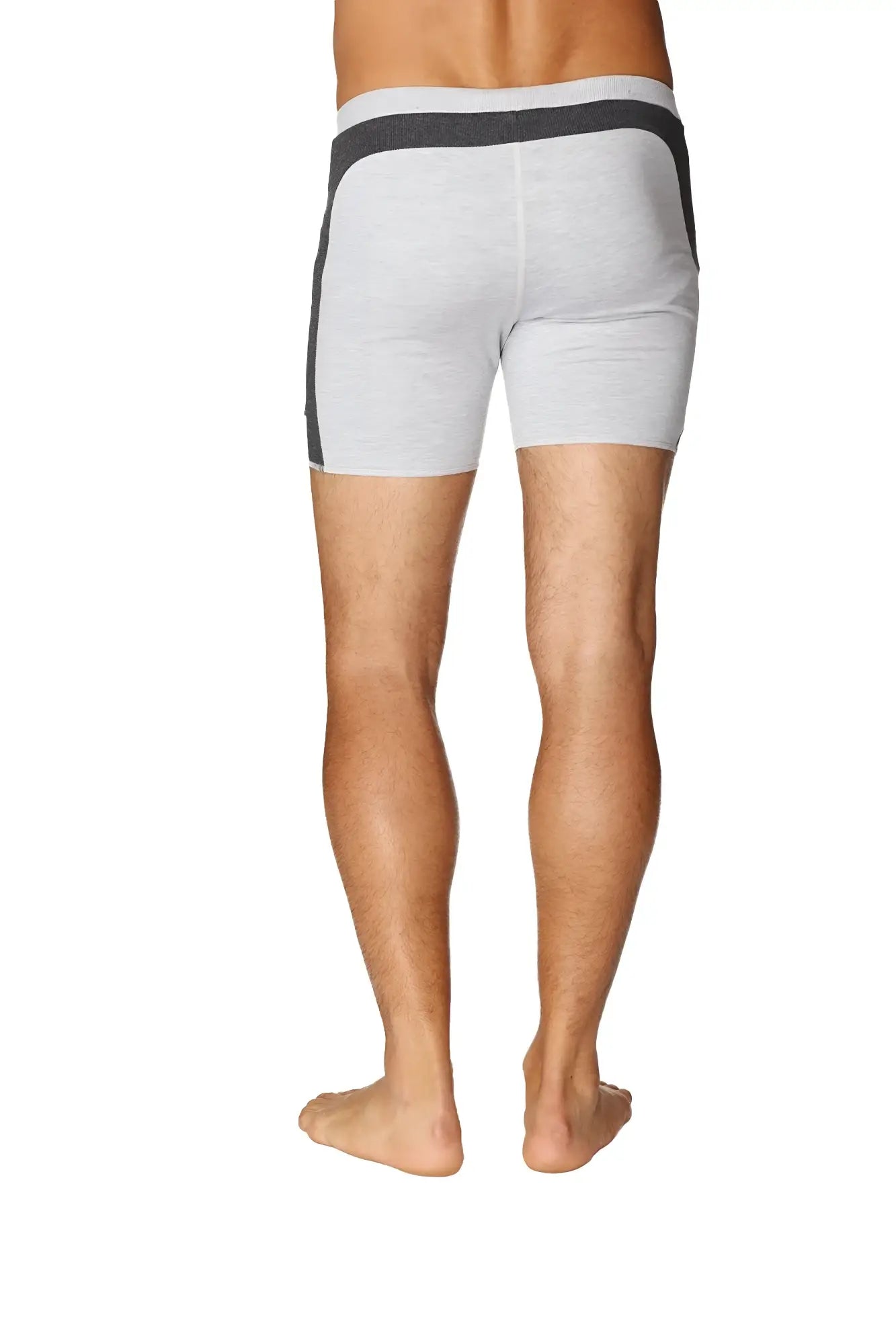 Transition yoga short gray w charcoal heathered briefs with dark gray waistband and side panels designed for comfort
