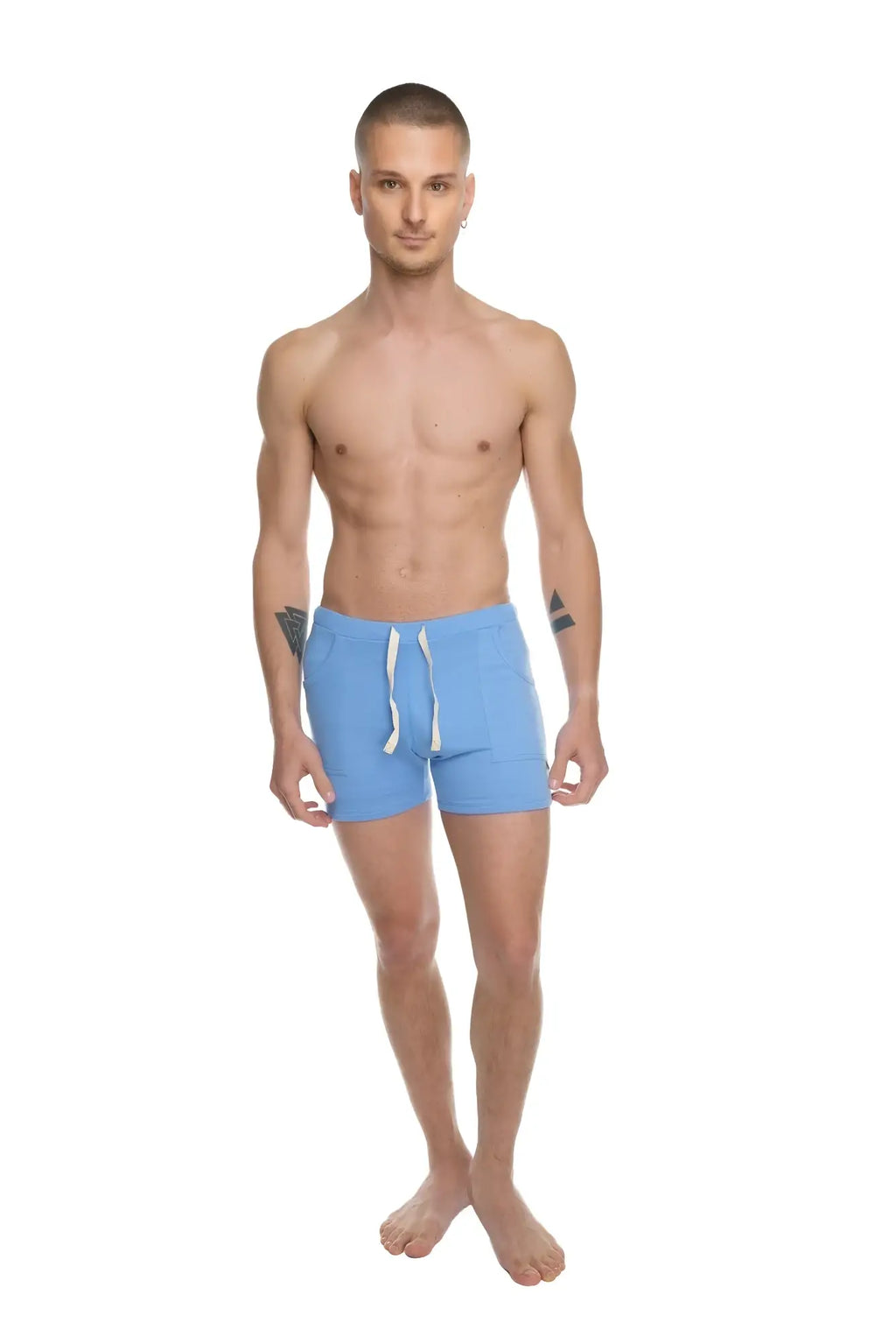 Light blue transition yoga shorts with white drawstrings designed for athletic and comfortable wear