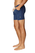 Navy blue transition yoga shorts with white drawstring and side pockets designed for athletic wear