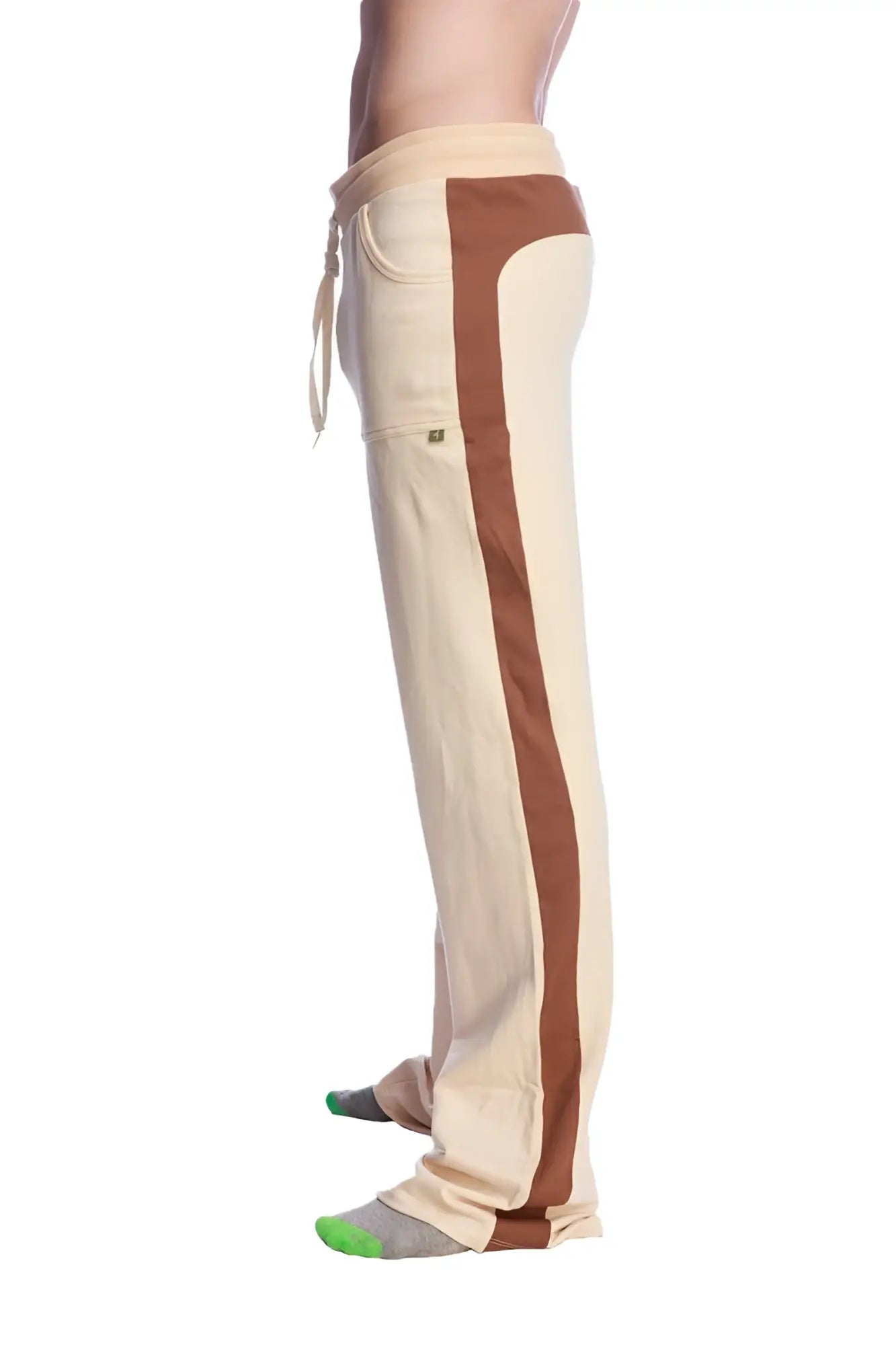 Beige and brown side-striped tri-color stretch eco-track and yoga sweat pant with drawstring waistband in sand chocolate and black