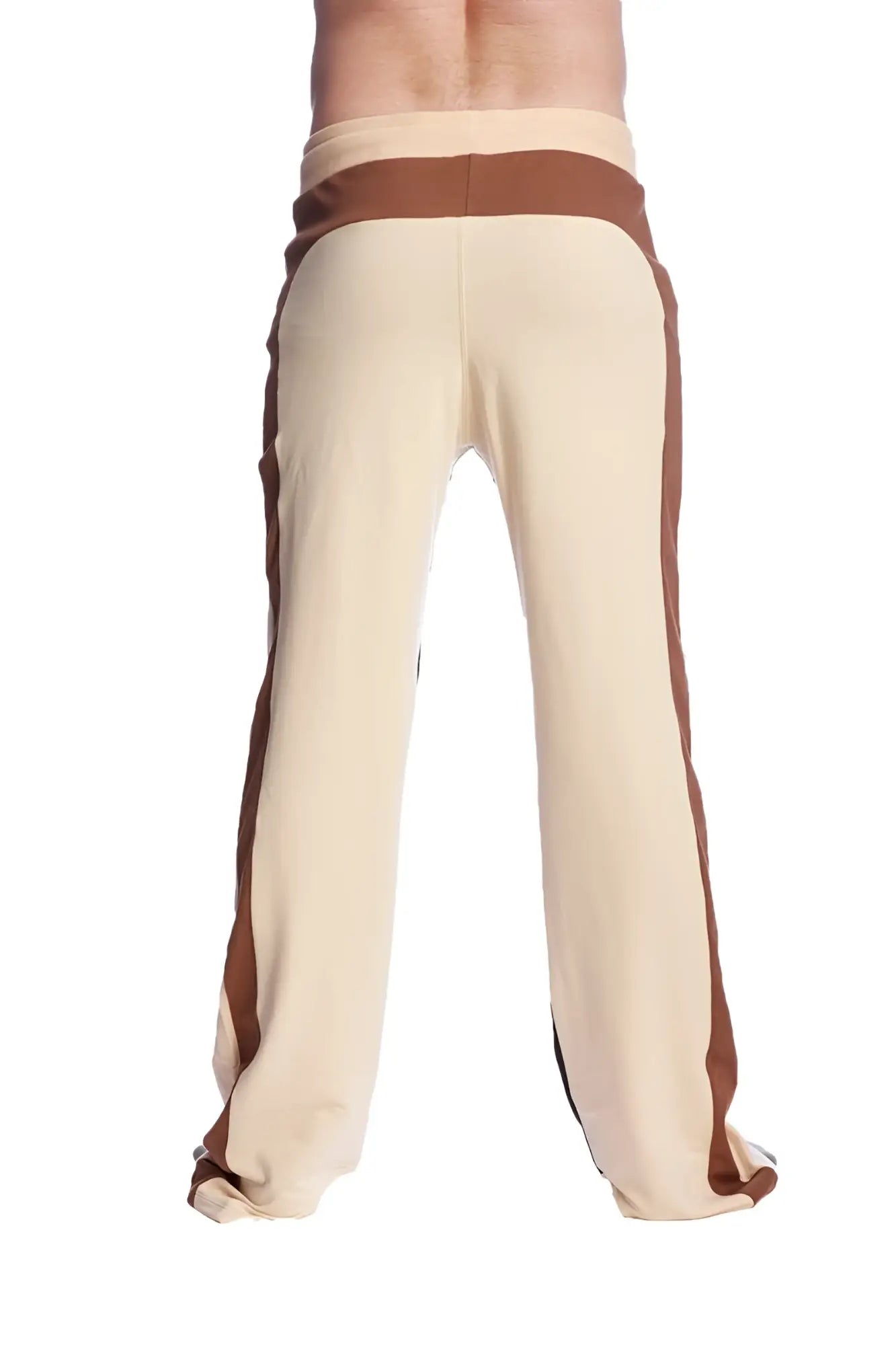 Beige and brown striped tri-color stretch eco-track and yoga sweat pants with a comfortable loose fit