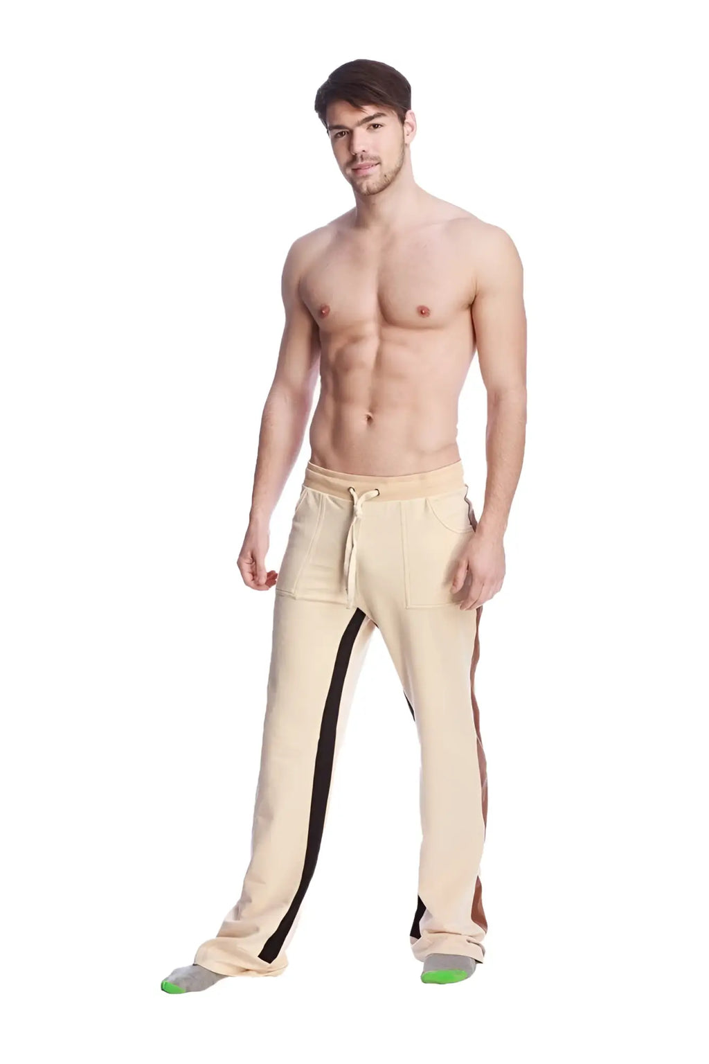 Beige tri-color stretch eco-track and yoga sweat pants with black side stripes and a drawstring waistband