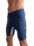 Navy blue tri-color ultra-flex yoga track shorts with gray side panels and green logo on the thigh for activewear