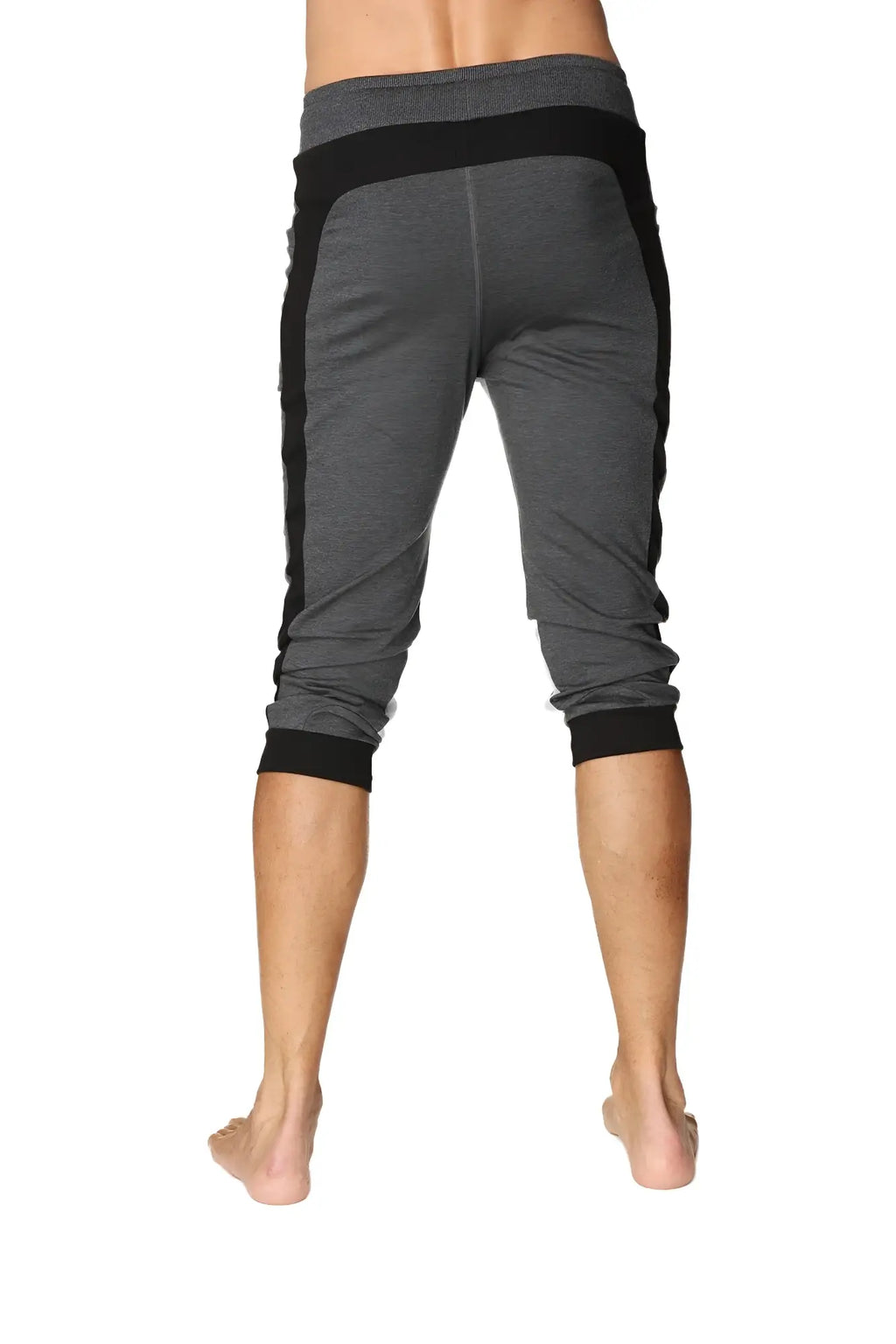 Ultra-flex tri-color cuffed yoga pant in charcoal with black and grey textured fabric and elastic cuffs