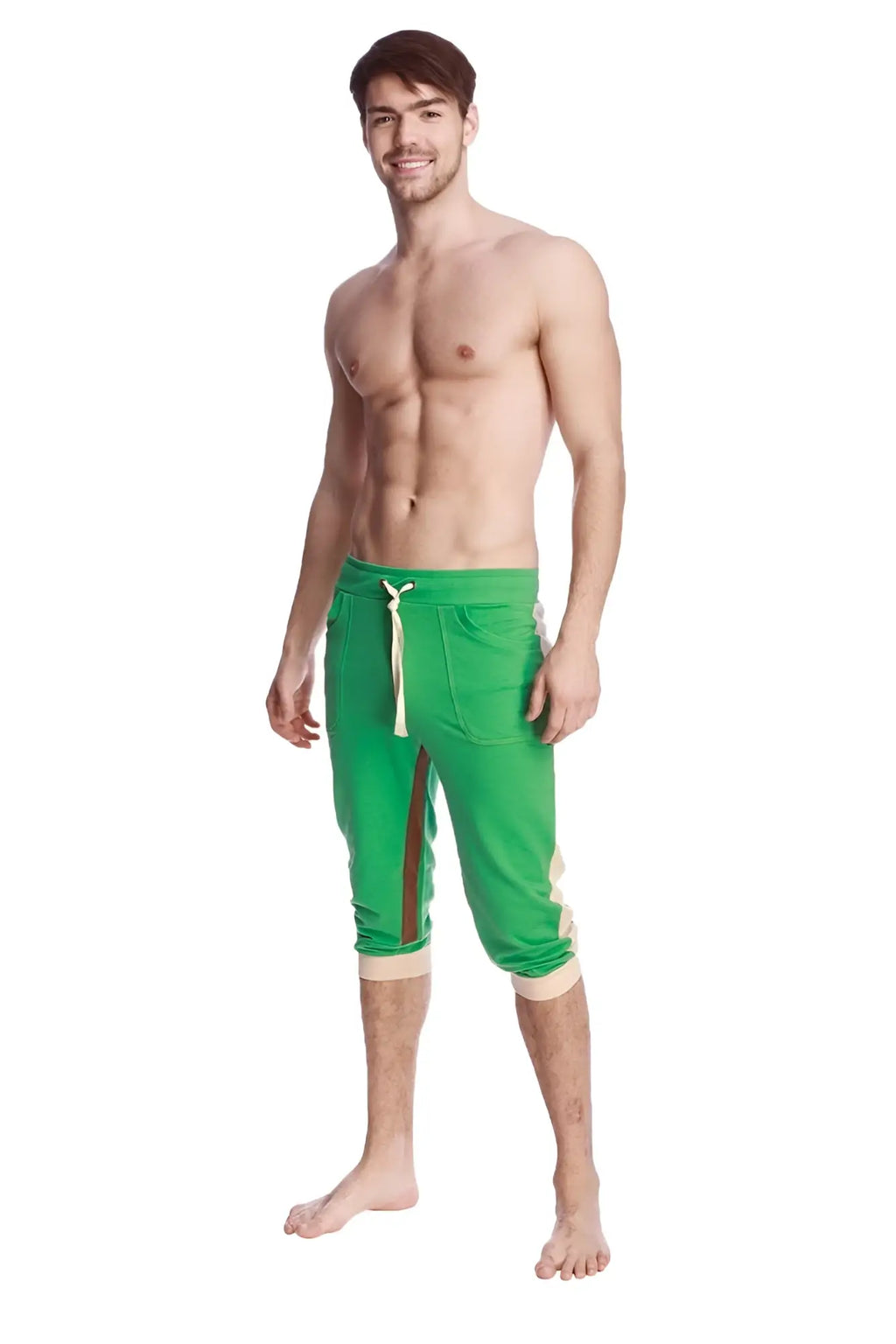 Green ultra-flex tri-color cuffed yoga pant with white drawstring and side panels in capri-length athletic style