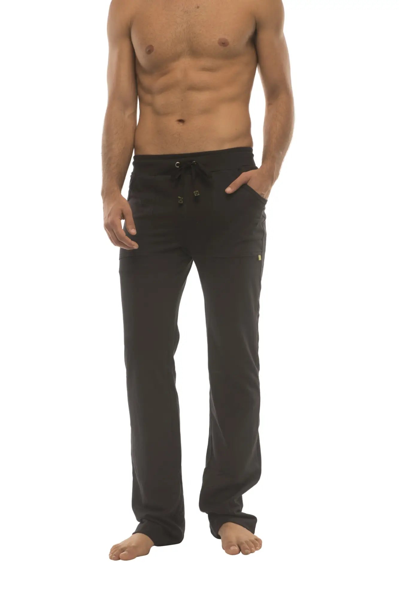 Black ultra flex yoga track pant with relaxed fit drawstring waist and subtle side pockets for comfortable workouts