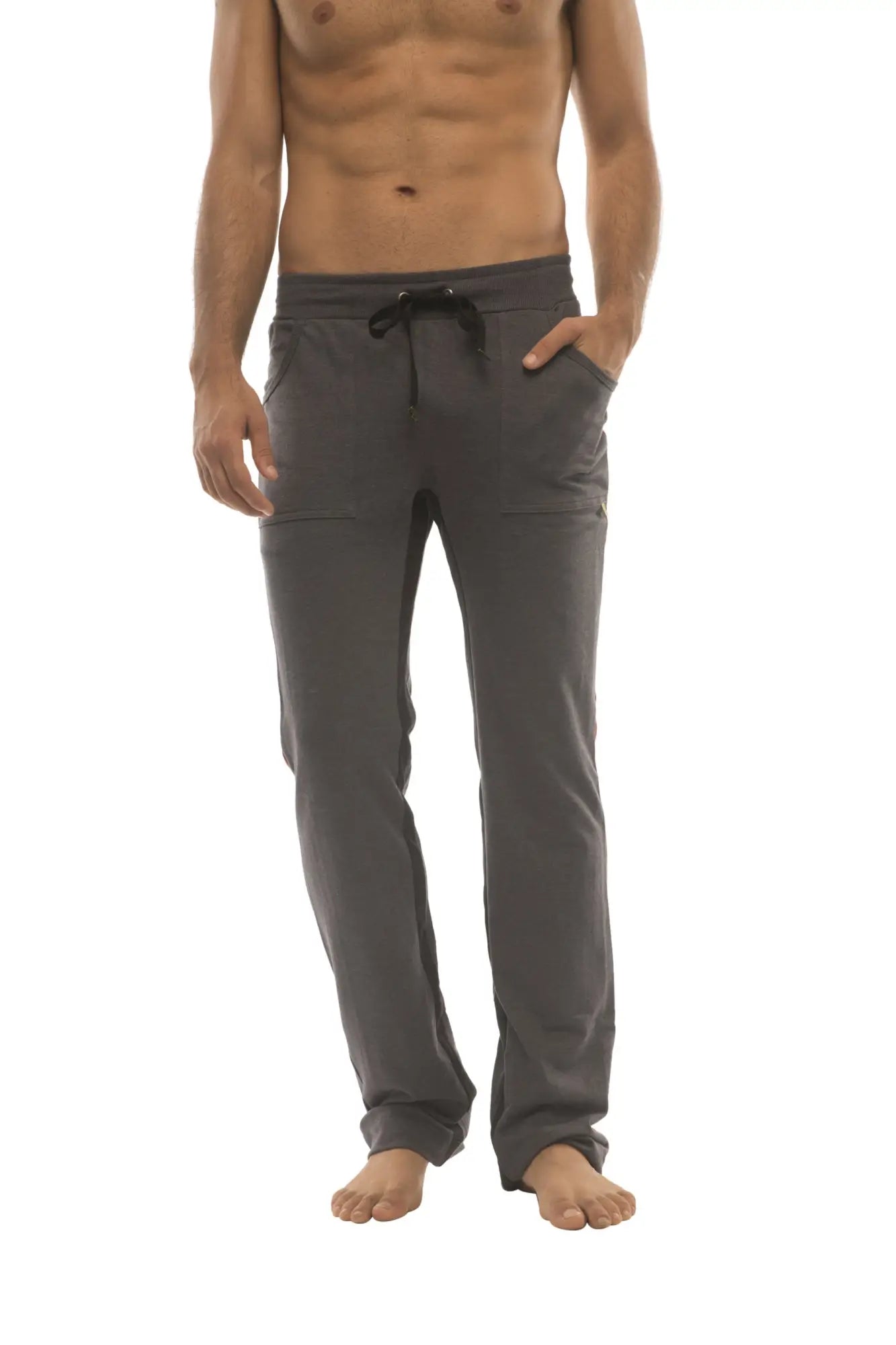 Dark gray ultra flex yoga sweat pant with comfortable fit black drawstring waistband and side pockets for active wear