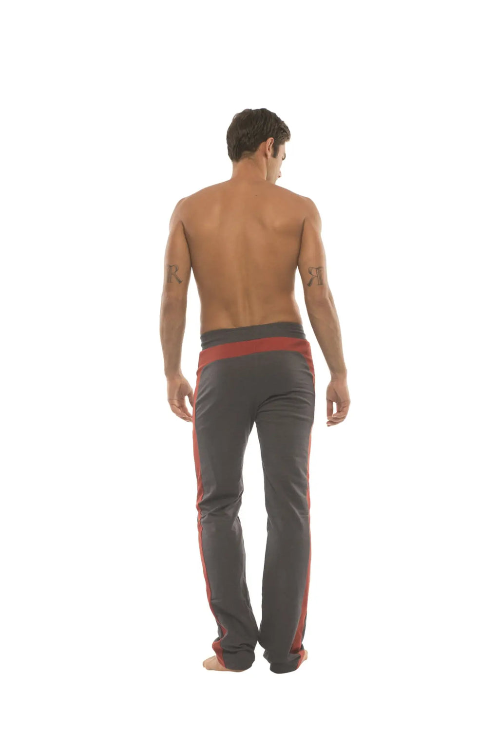 Charcoal ultra flex yoga sweat pant with cinnabar red side stripes and waistband designed for flexible workouts