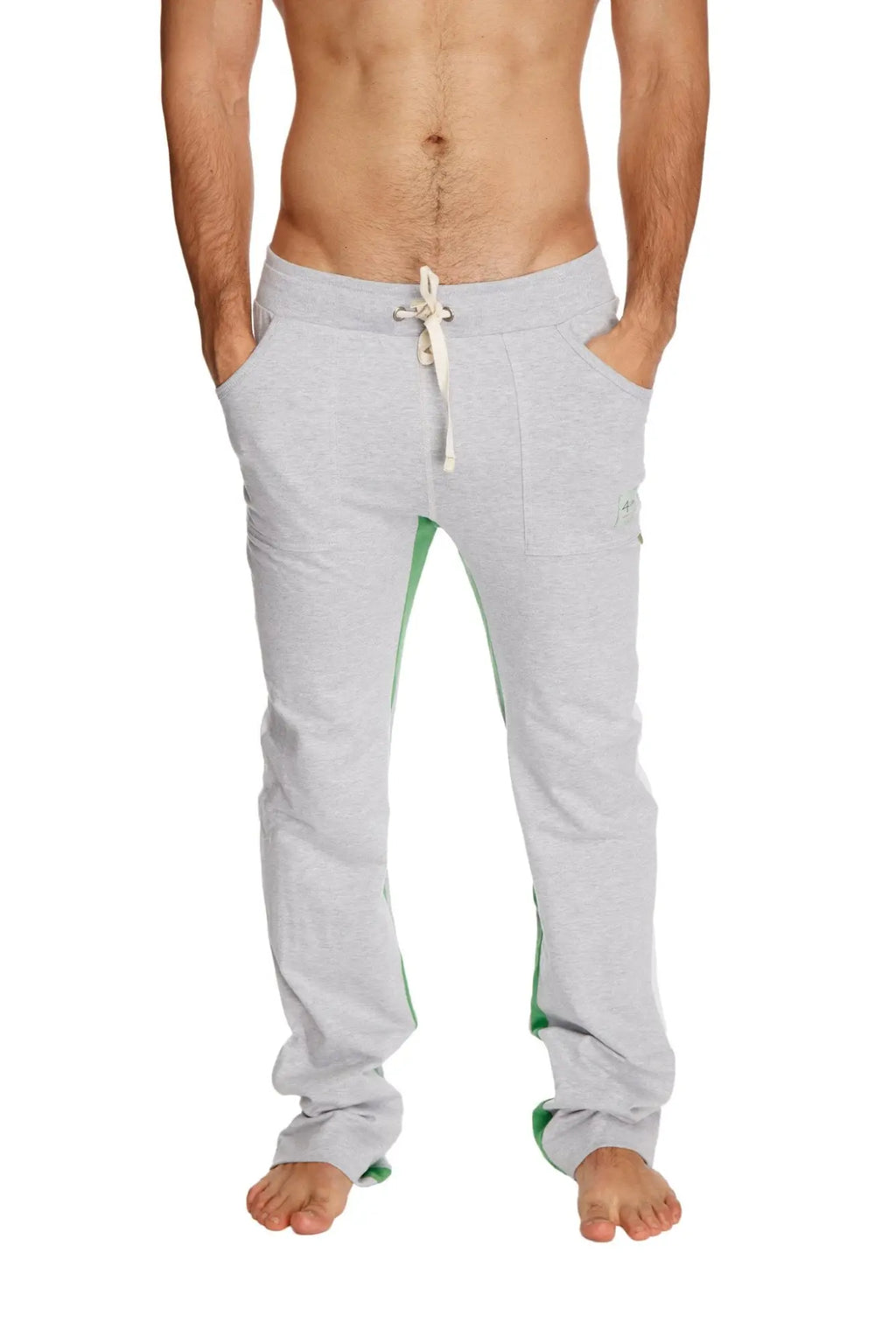 Ultra flex yoga track and yoga sweat pant in grey with white drawstring and green side panels for comfort and style