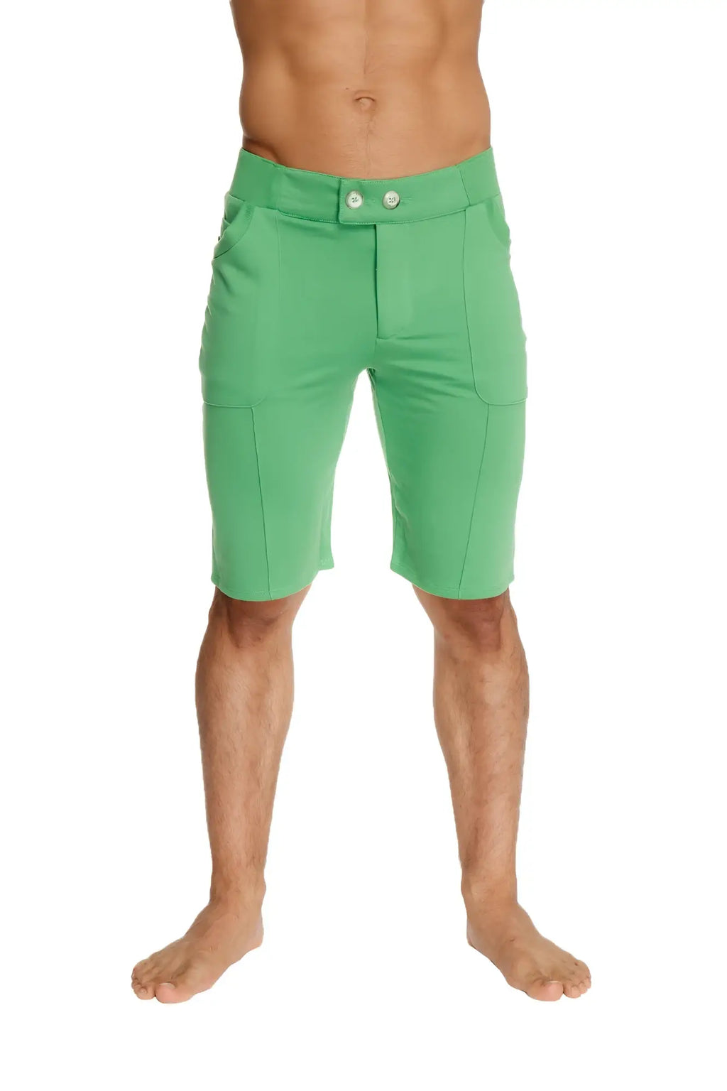 Urban tactical at home dress shorts in bamboo green with bright green sleek fit and two-button waist closure