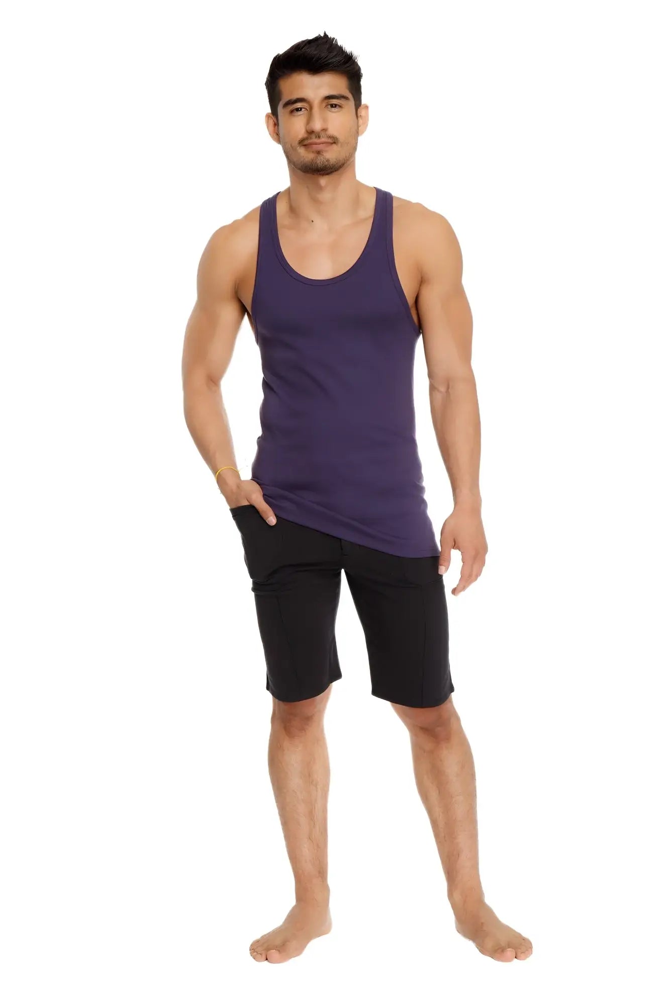 Purple sleeveless tank top paired with urban tactical at home dress shorts in black for casual wear