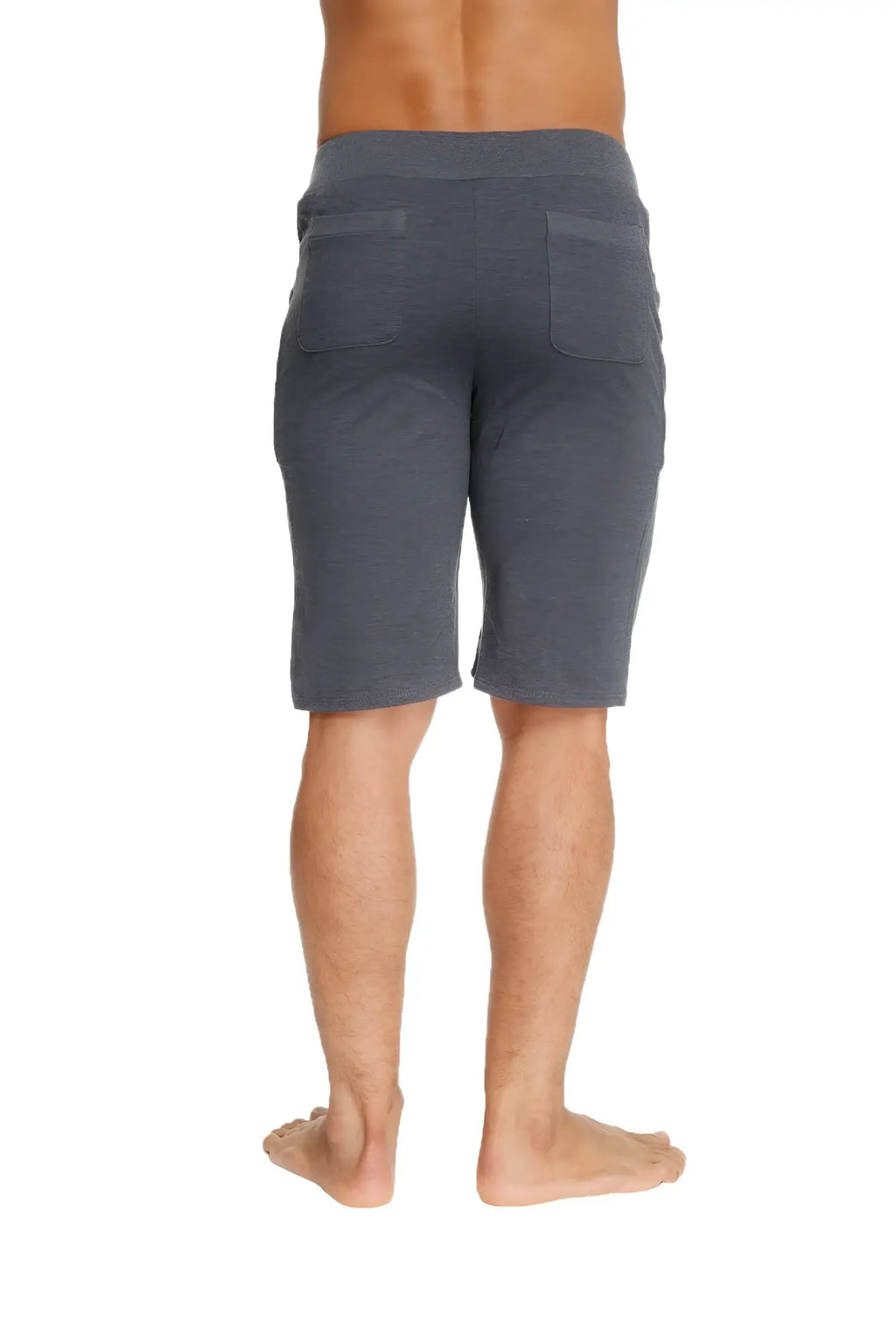 Dark gray urban tactical at home dress shorts with soft texture, relaxed fit, and two rear pockets shown from back side