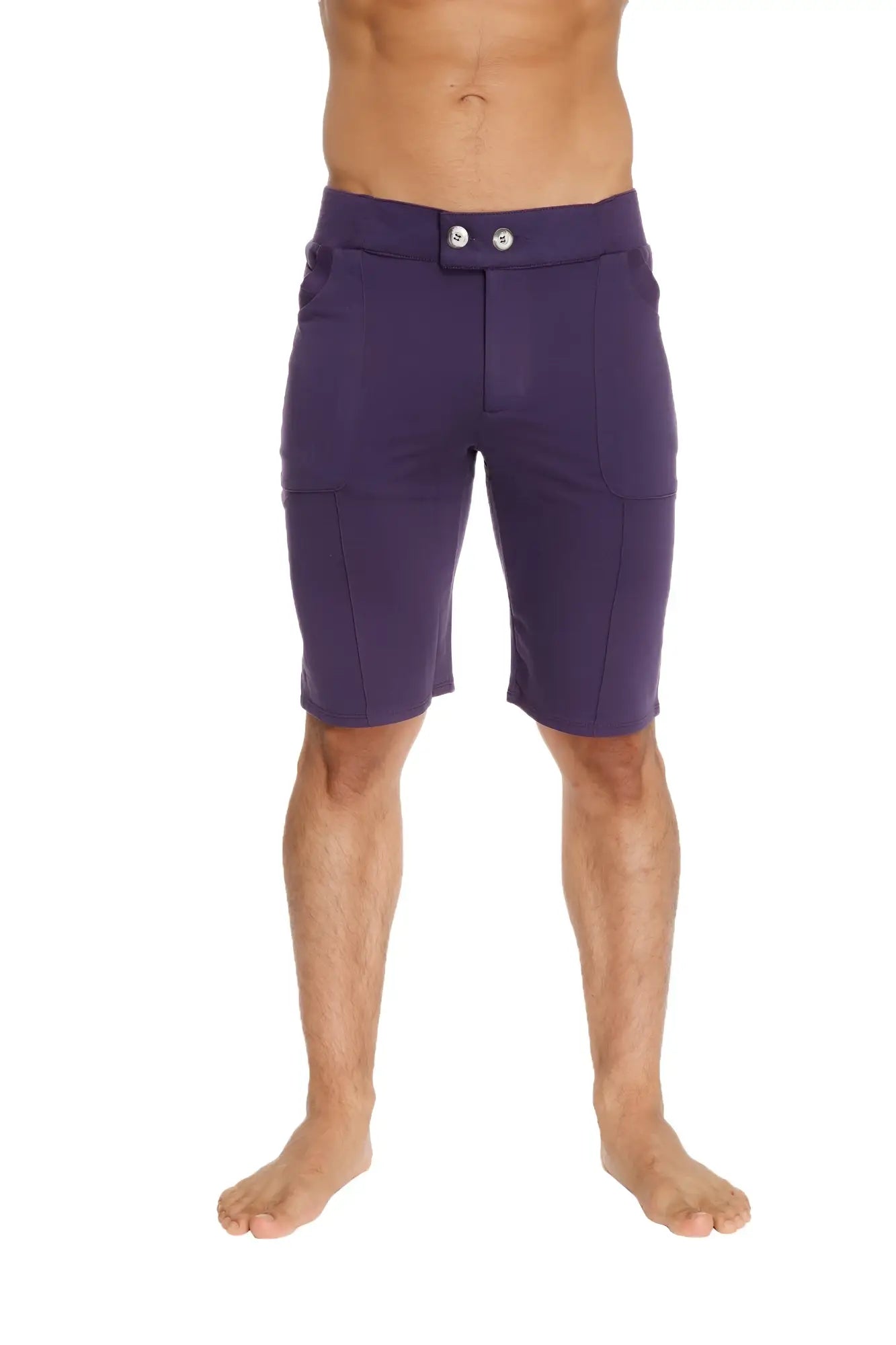 Urban tactical at home dress shorts in eggplant purple featuring a sleek form-fitting design with two silver buttons