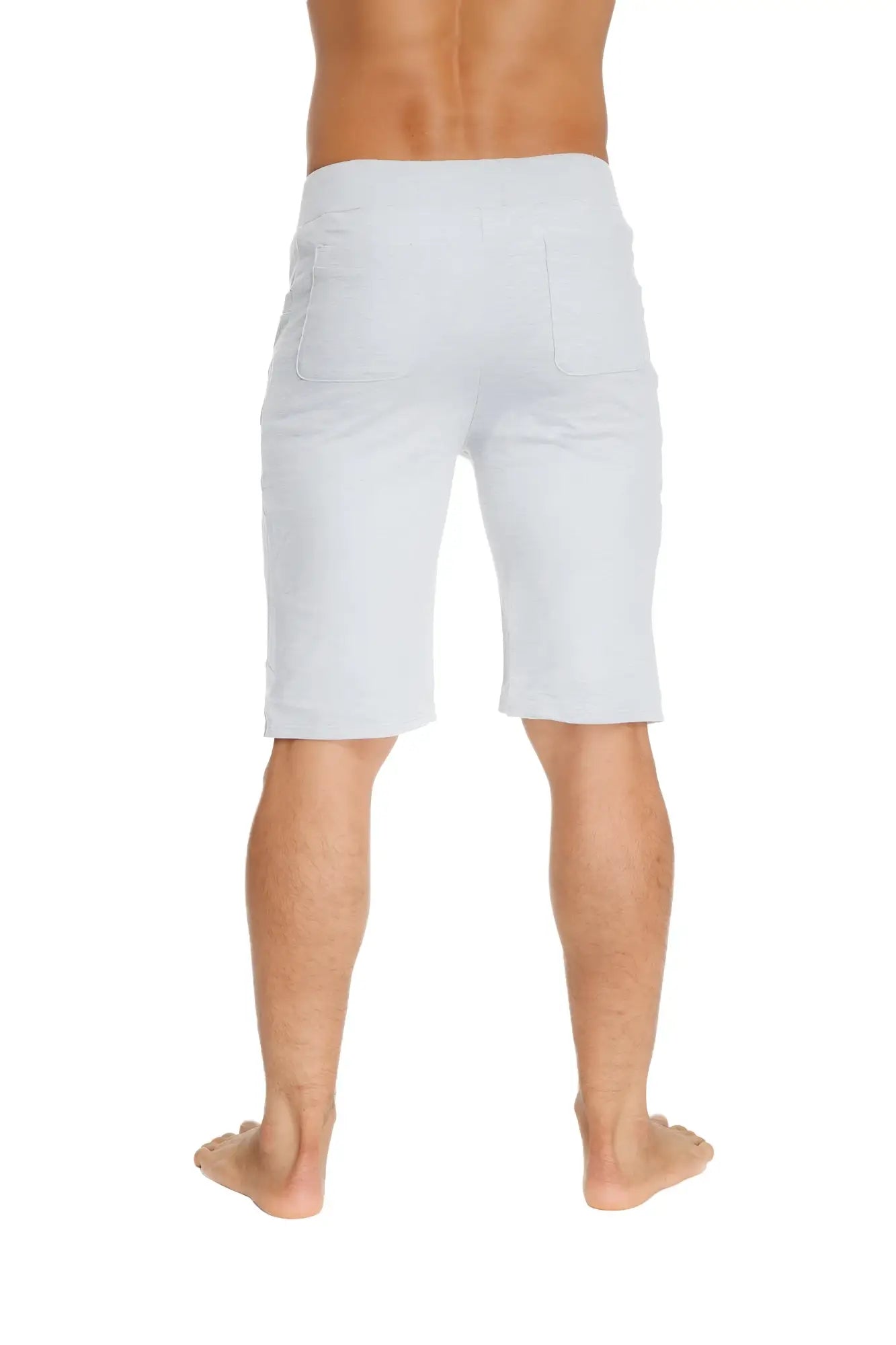 White cotton urban tactical at home dress shorts in heather grey with relaxed fit and two back pockets shown from back