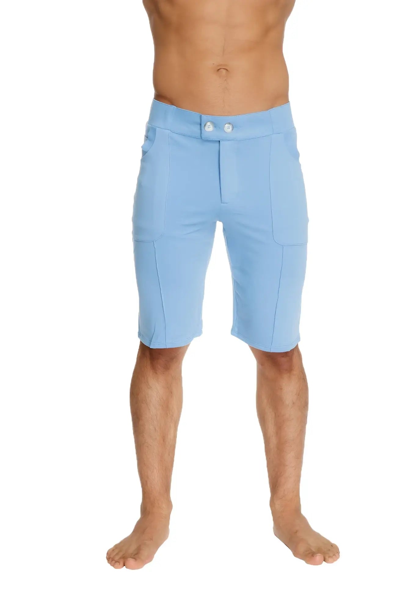 Urban tactical at home dress shorts in ice blue with sleek fit and silver-toned button closures