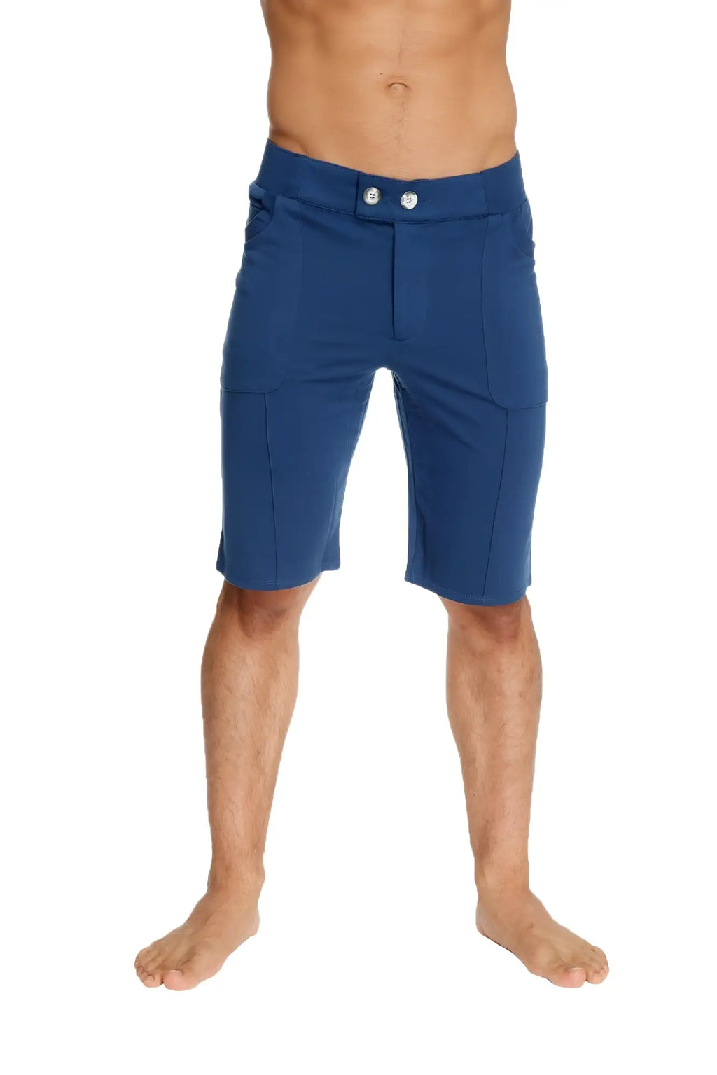 Royal blue urban tactical at home dress shorts with tailored fit silver buttons and subtle side pockets
