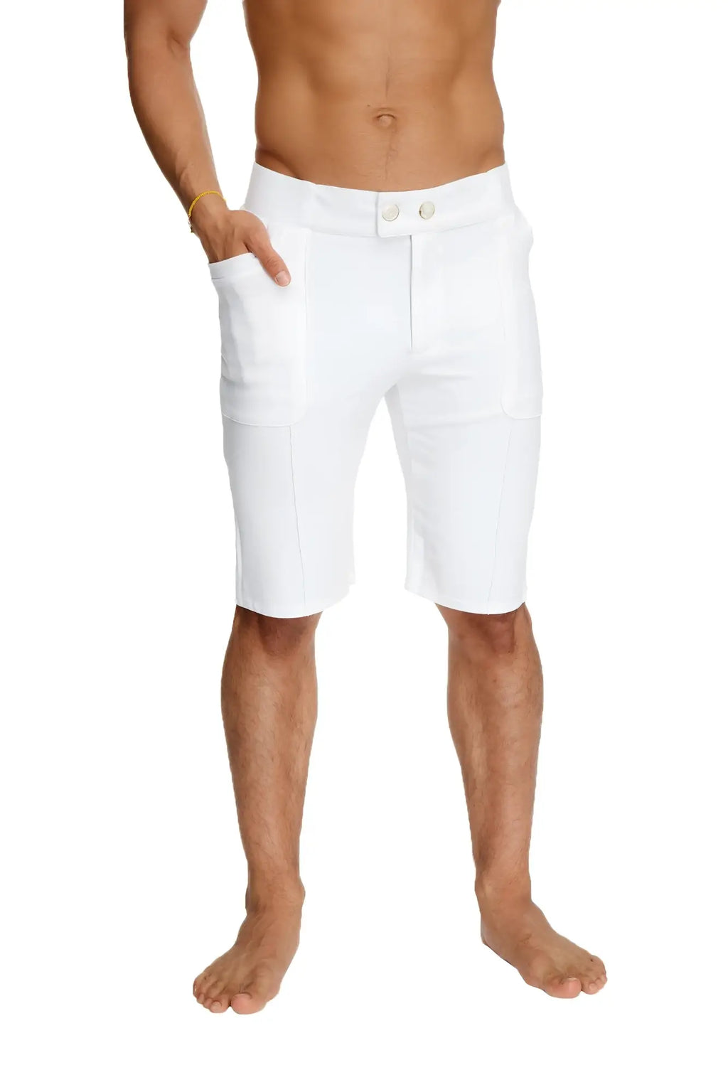 White urban tactical at home dress shorts with clean tailored design and button closure for casual wear