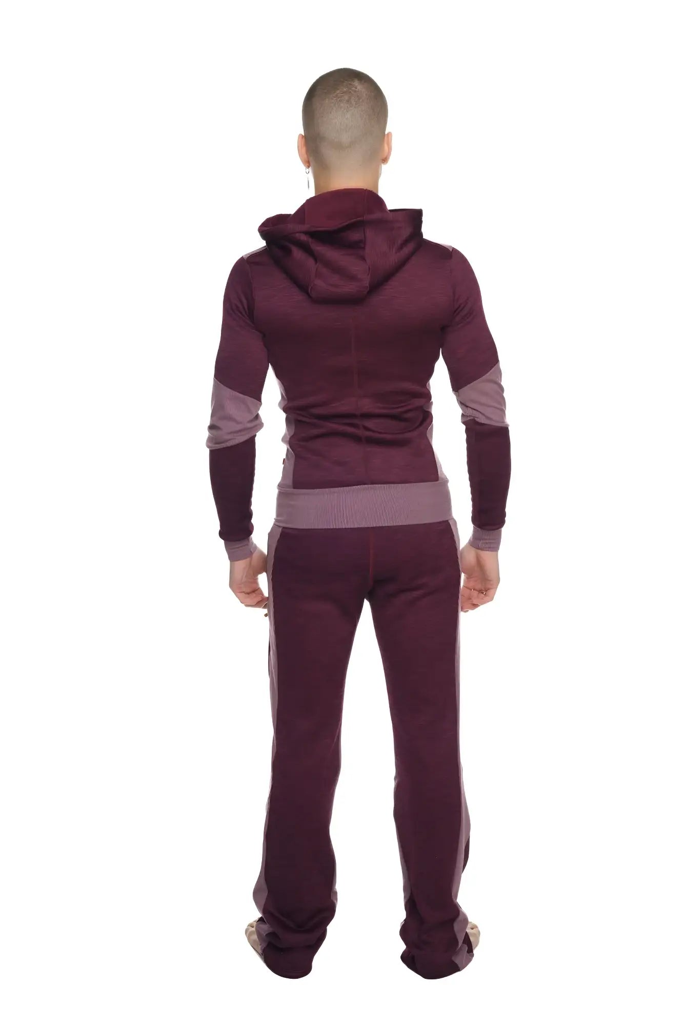 Maroon and gray two-piece heavy-weight fleece performance-luxe yoga tracksuit with hooded top and matching pants