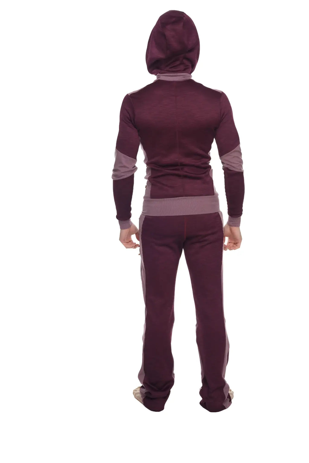 Maroon and gray heavy-weight fleece two-piece tracksuit with hooded top and contrasting panels for winter yogawear