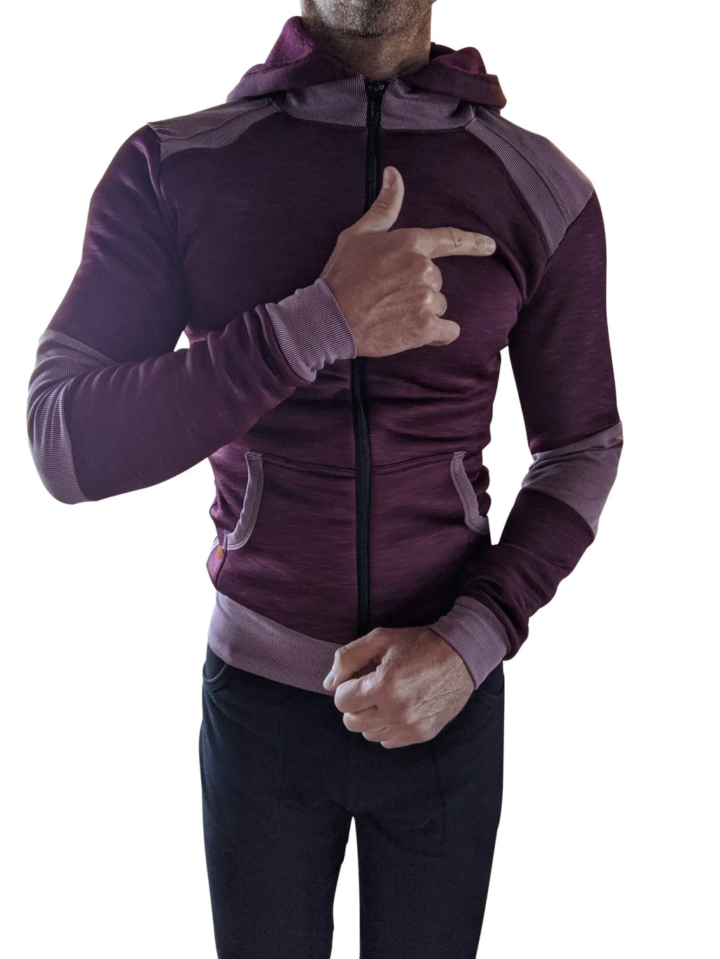 A plum purple heavy-weight fleece form-fit zip-up hoodie with textured panels and ribbed cuffs from the winter collection