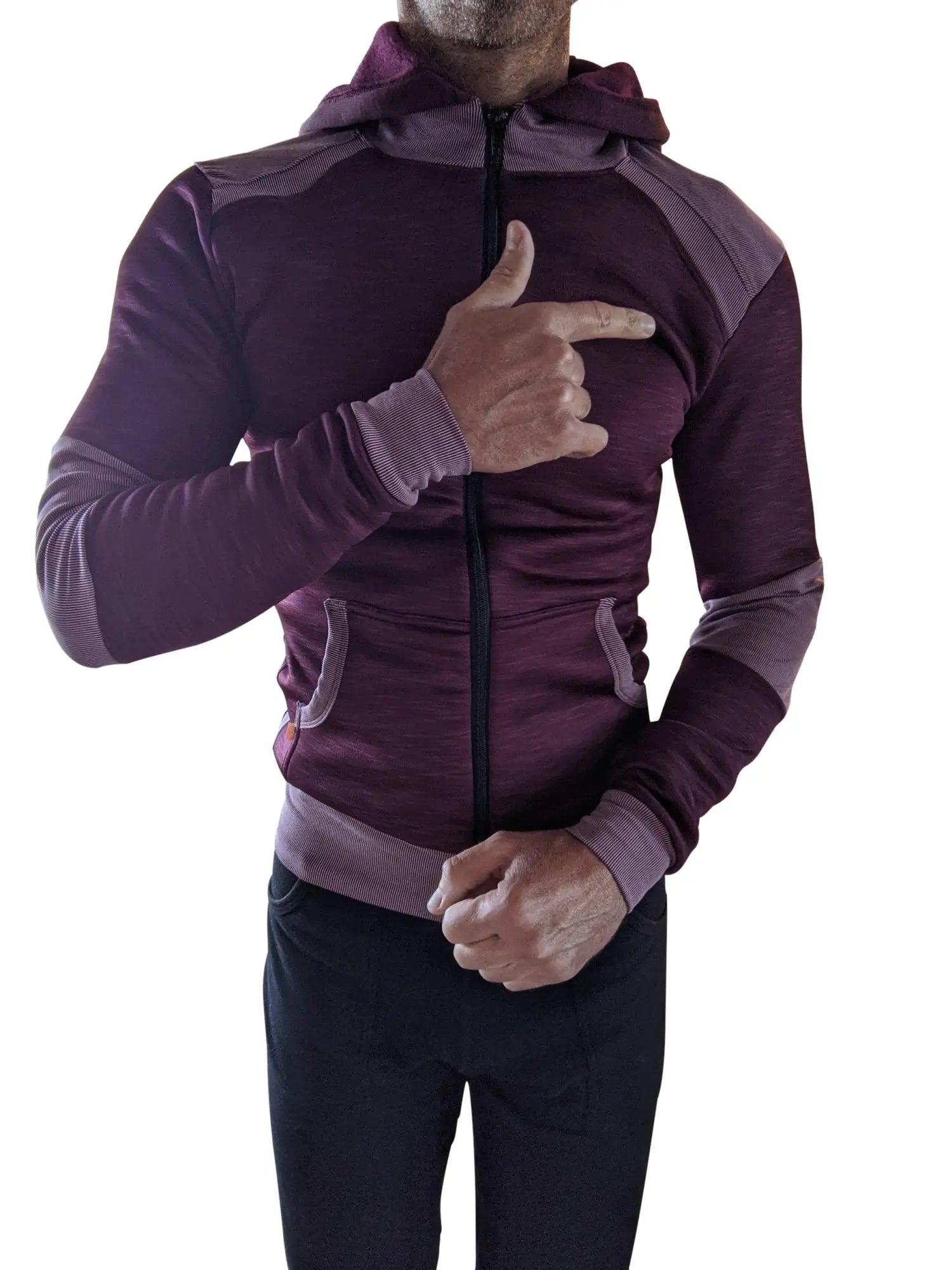 A plum purple heavy-weight fleece form-fit zip-up hoodie with textured panels and ribbed cuffs from the winter collection