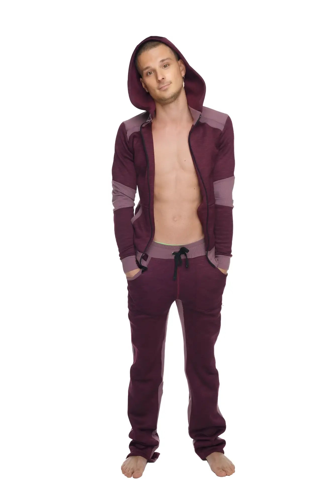A maroon and purple two-tone heavy-weight fleece form-fit hooded sweatshirt with contrasting panels for winter yoga and track wear