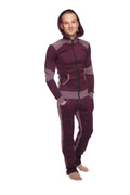 Maroon and gray two-piece heavy-weight fleece hoodie sweatset with contrasting panels for yoga and trackwear