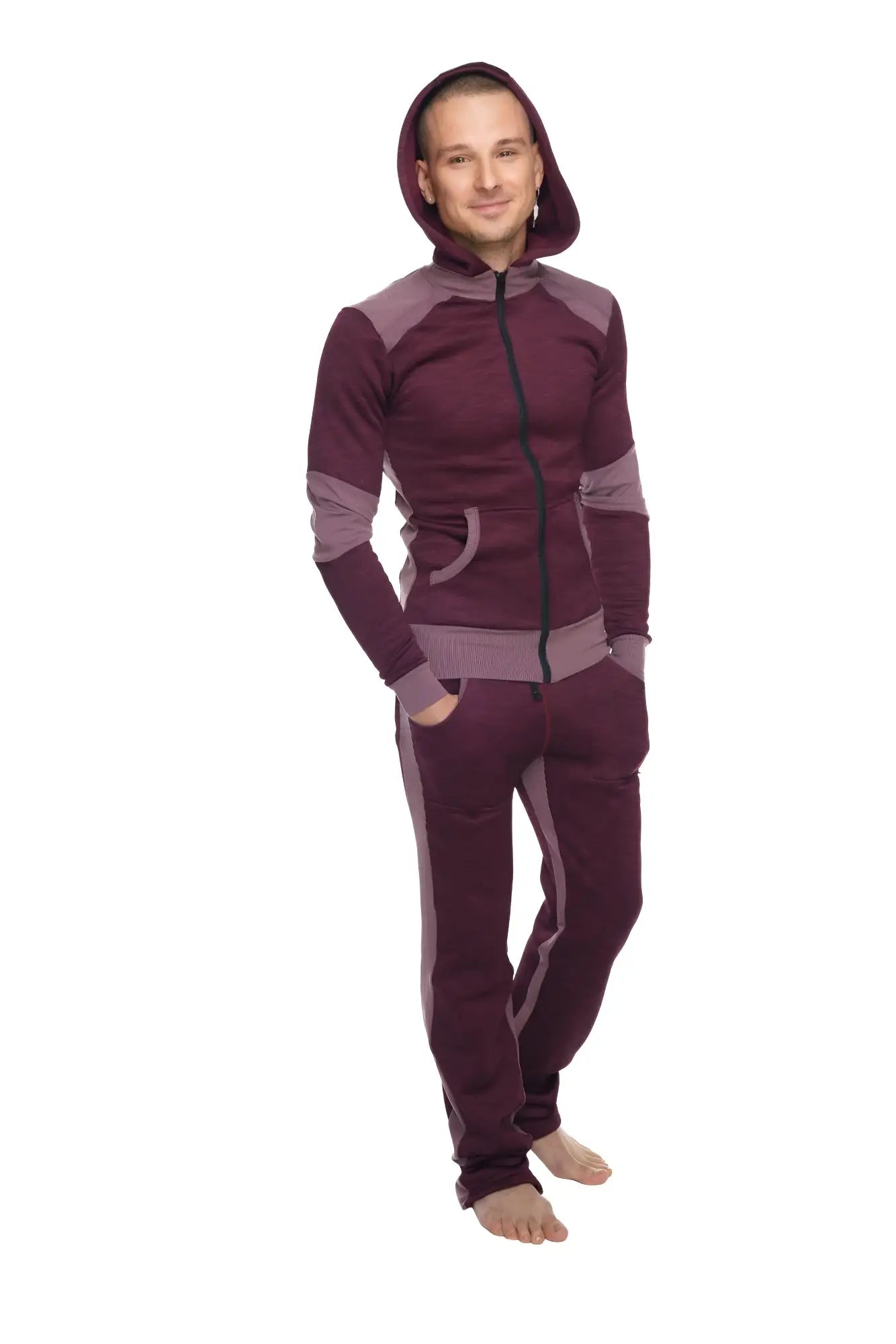 Maroon and gray two-piece heavy-weight fleece hoodie sweatset with contrasting panels for yoga and trackwear