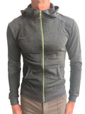 Charcoal mid-weight luxury-fleece form-fit crossover yoga track hoodie with neon green zipper and front pockets