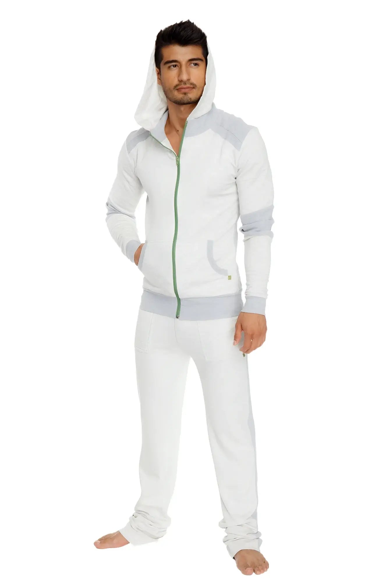 Light grey and white mid-weight luxury fleece zip-up hoodie with green zipper trim for yoga and winter wear