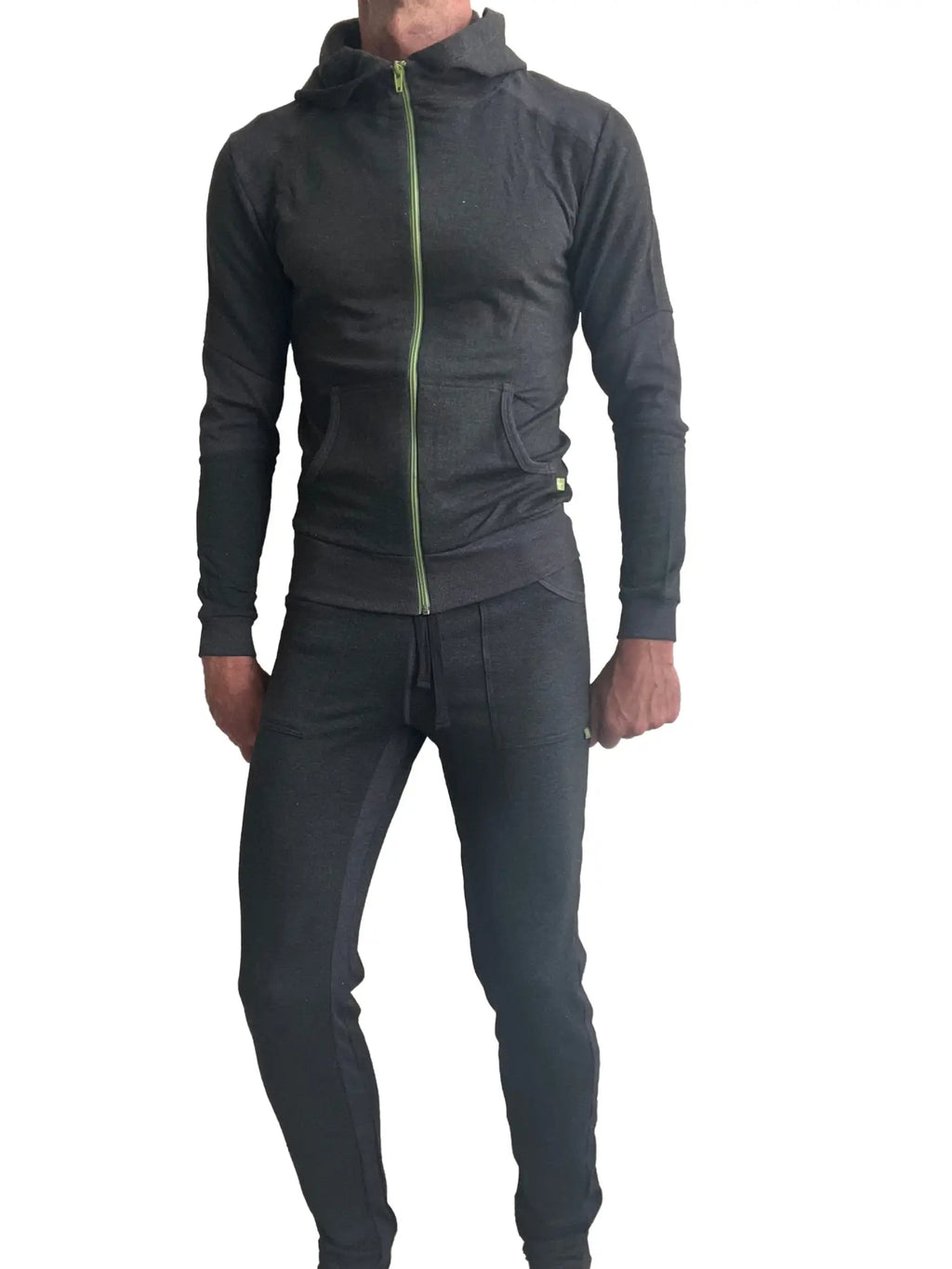 Black mid-weight luxury-fleece zip-up hoodie with neon green zipper and matching pants in soft athletic fabric