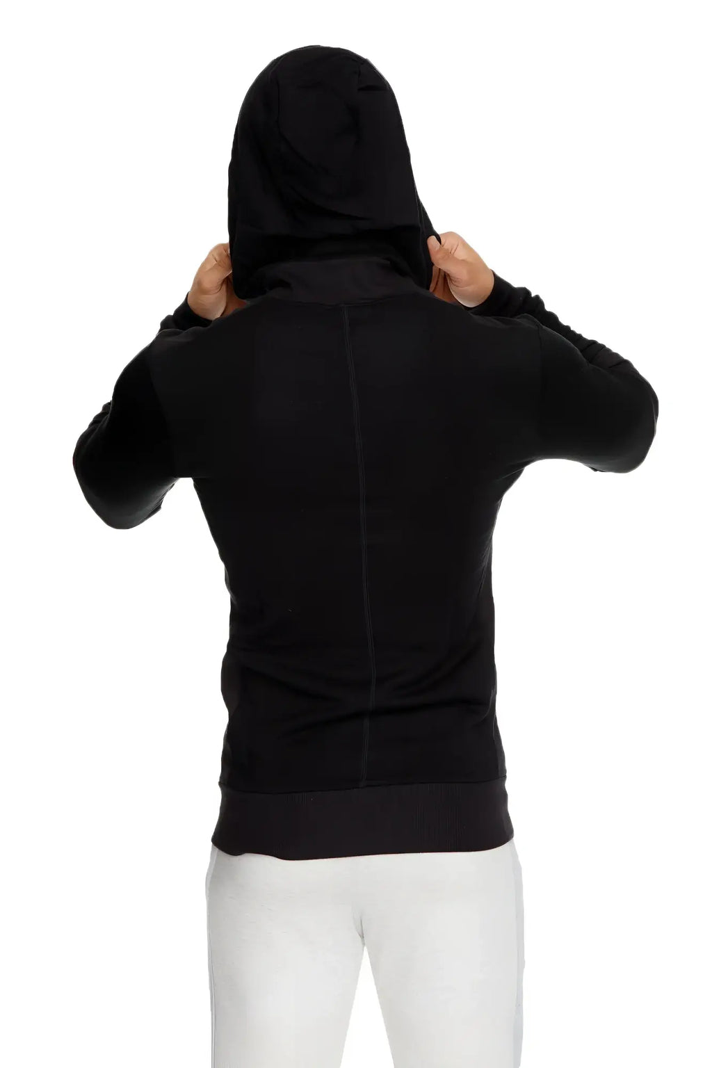 Black mid-weight luxury-fleece form-fit crossover yoga track hoodie back view with central seam ribbed cuffs and hem