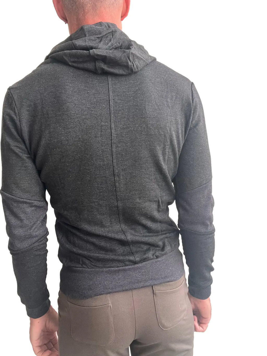Charcoal mid-weight luxury-fleece form-fit crossover yoga track hoodie with ribbed hem and cuffs from winter collection