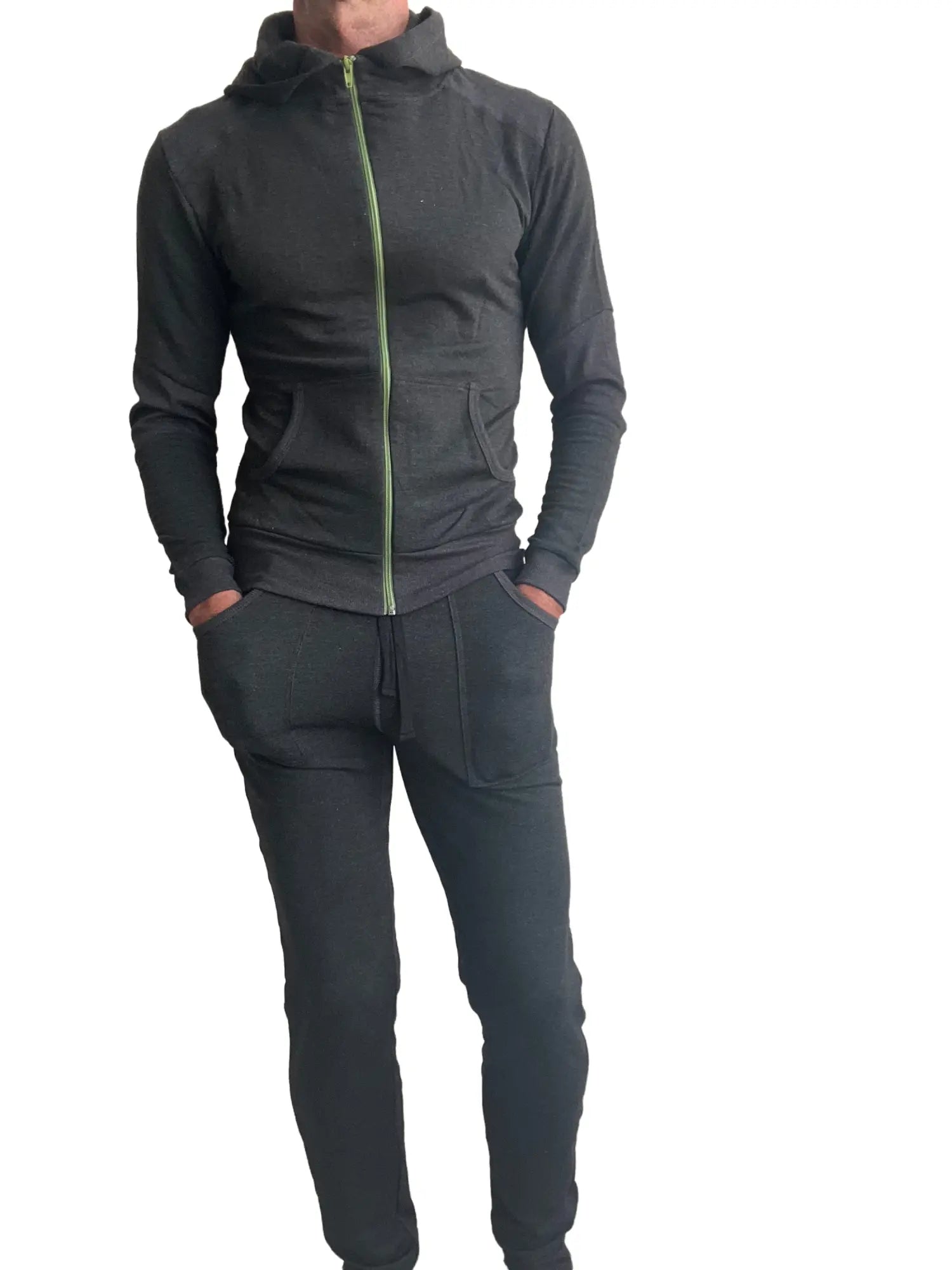 Black mid-weight luxury-fleece zip-up hoodie with lime green zipper and matching joggers from winter collection