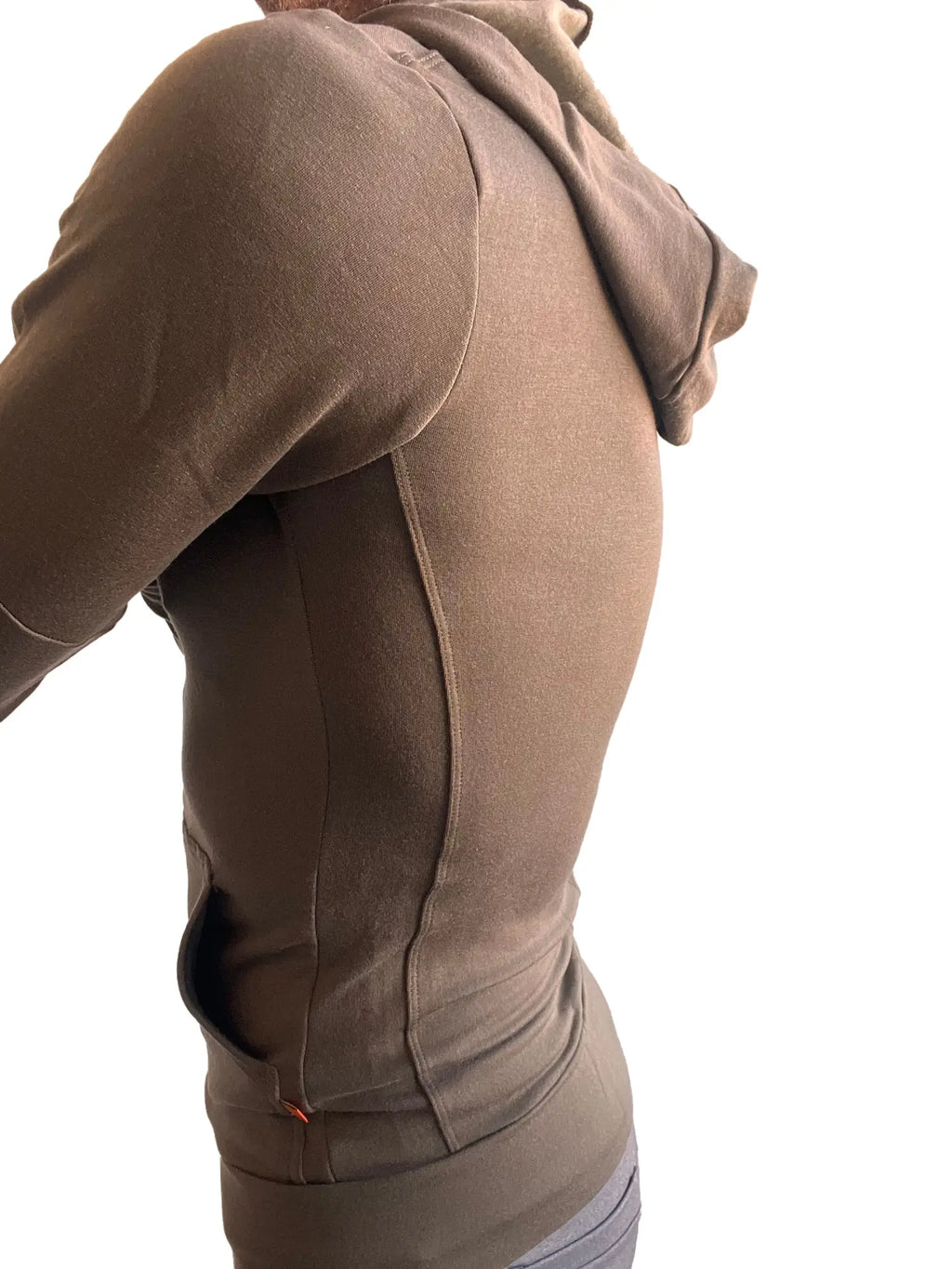 Taupe form-fitting mid-weight luxury-fleece hoodie with sleek athletic design and subtle seam detailing for yoga and track