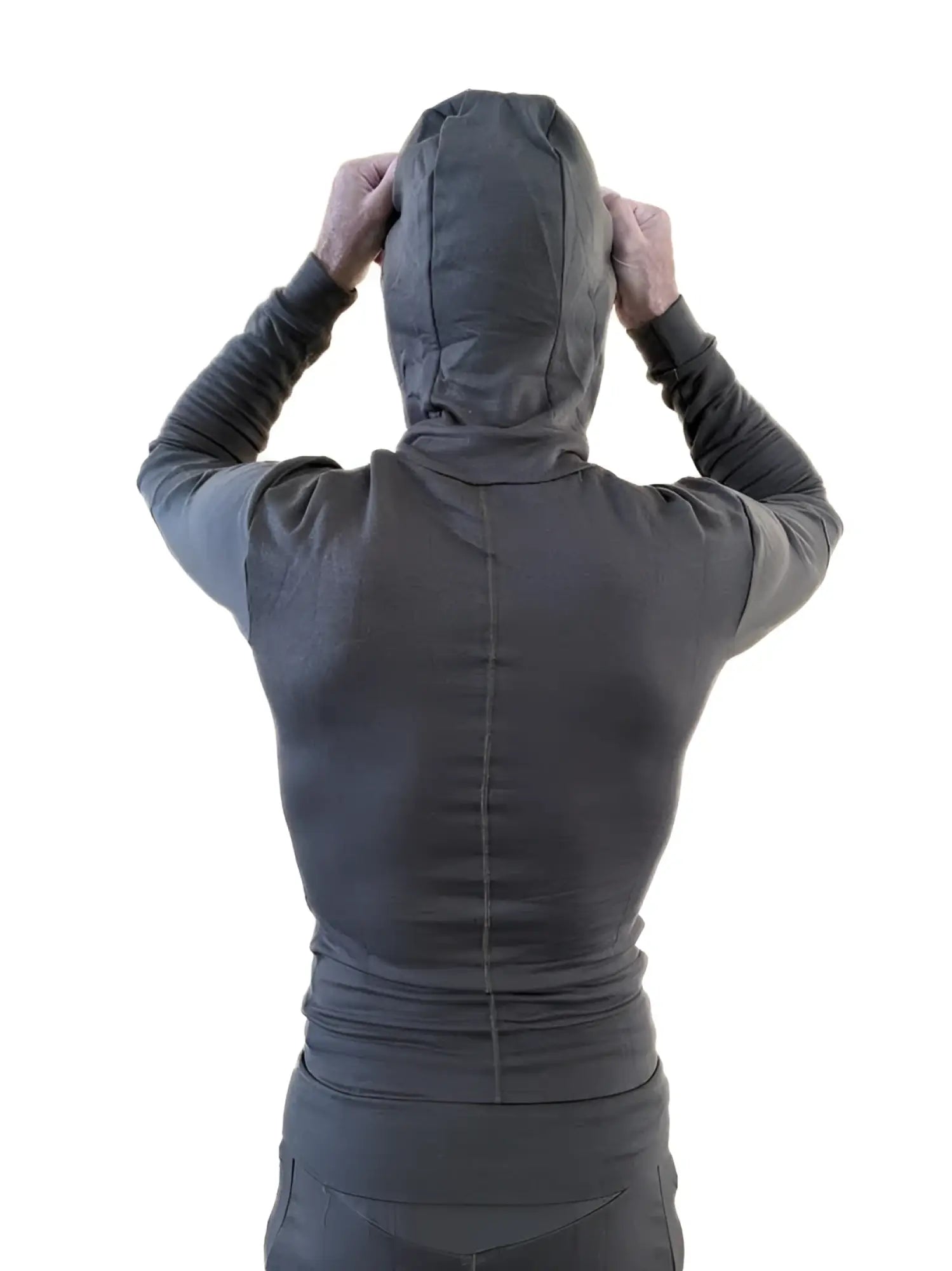 Dark gray hooded long sleeve form-fit top with seam detailing from winter collection luxury fleece yoga hoodie