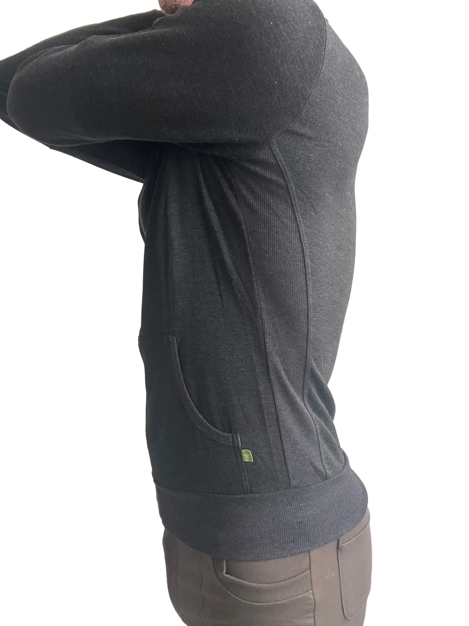 Dark gray long-sleeved mid-weight luxury fleece pullover with ribbed cuffs and hem from winter collection charcoal