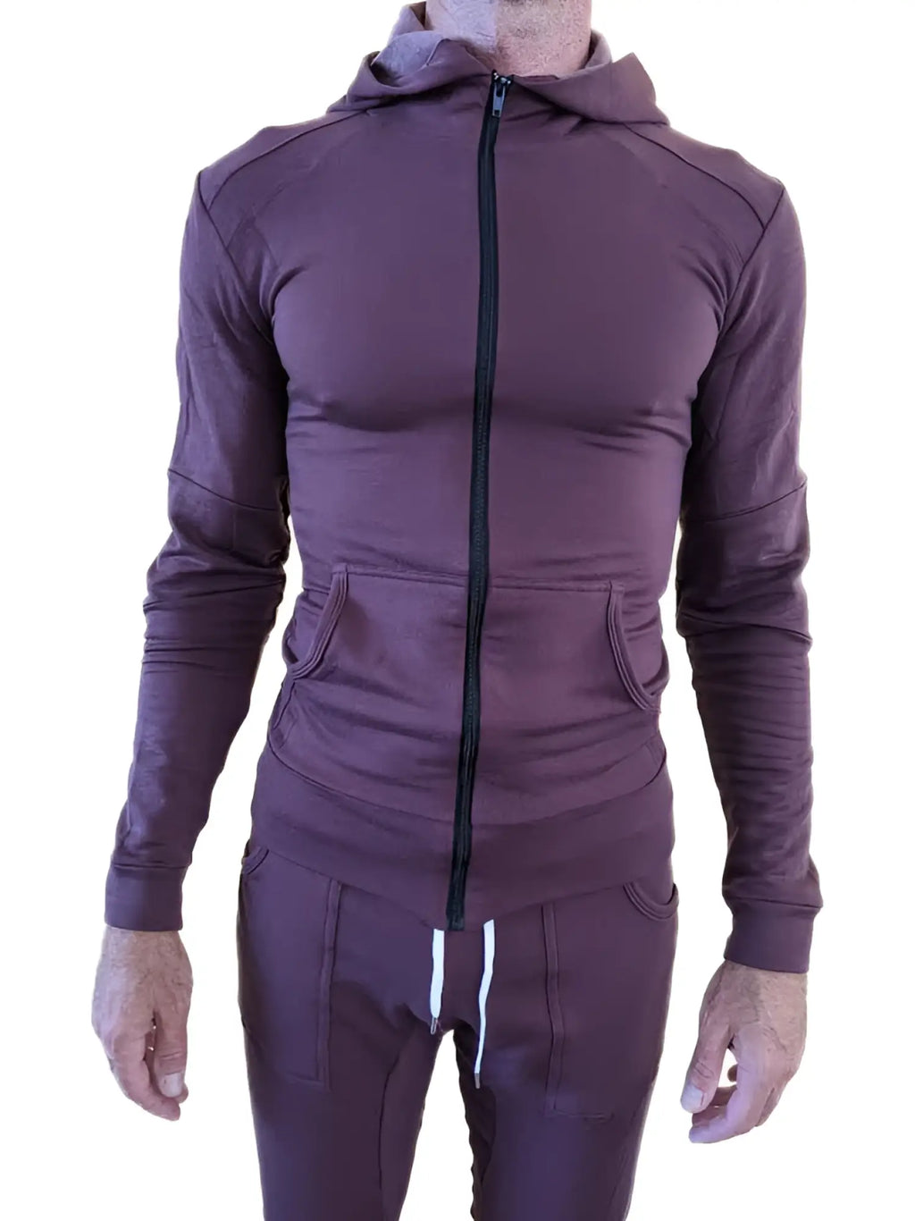 Purple mid-weight luxury-fleece zip-up hoodie with matching pants featuring sleek athletic design and contrast stitching