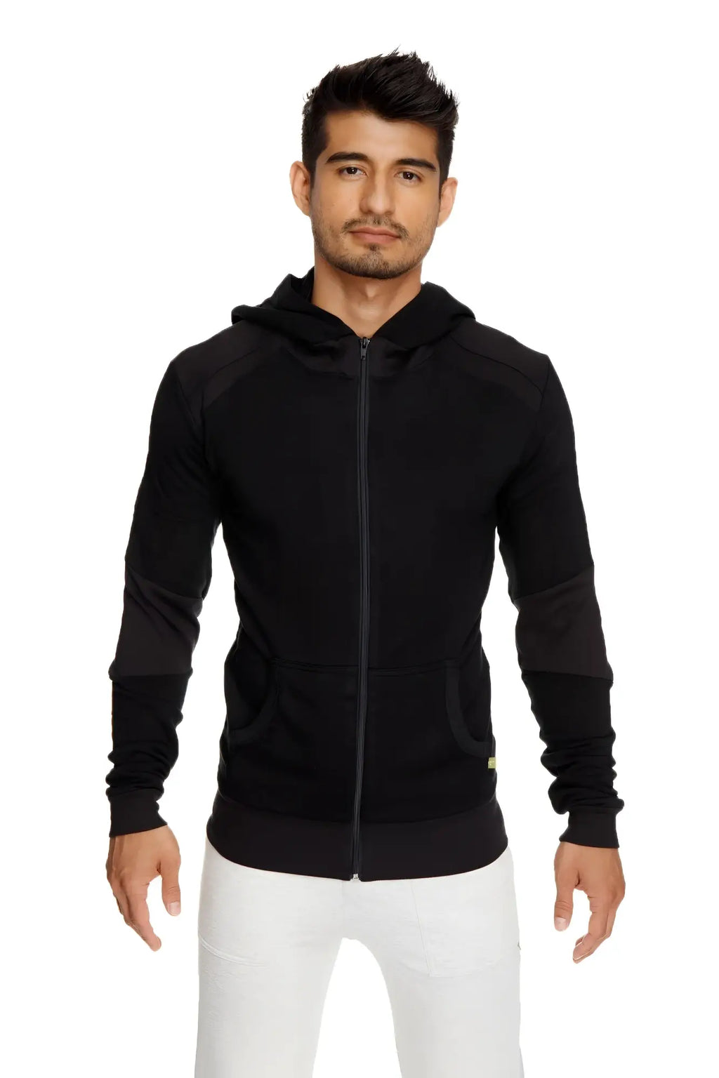 Black mid-weight luxury fleece zip-up hoodie with subtle contrast sleeve panels and yellow tag for yoga trackwear