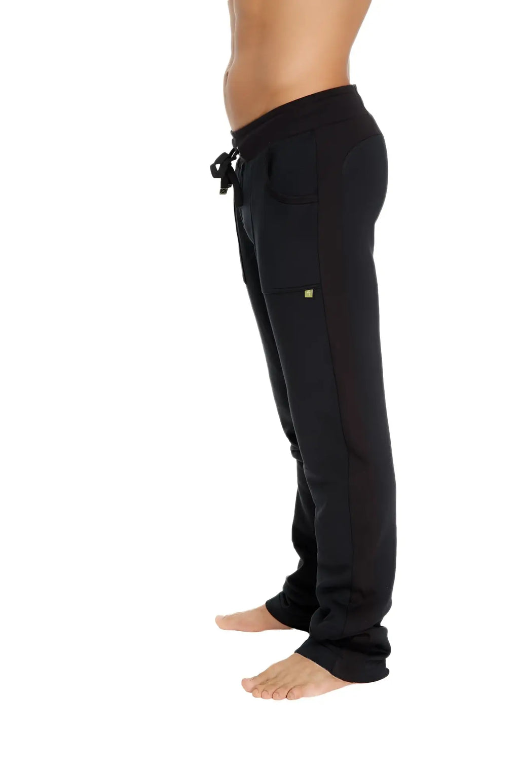 Black mid-weight luxury-fleece sweatpant with drawstring and lime green logo on thigh from winter collection