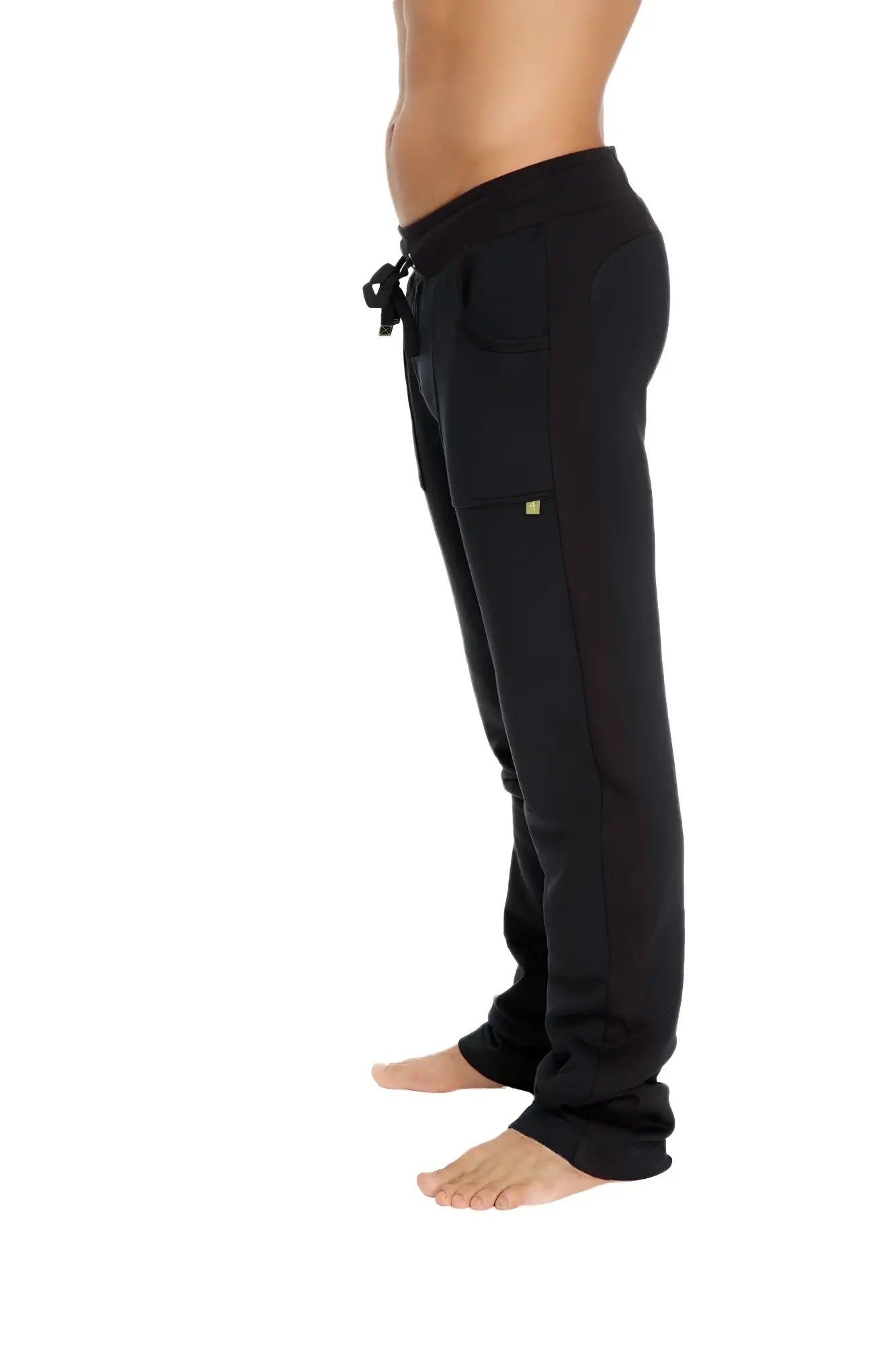 Black mid-weight luxury-fleece sweatpant with drawstring and lime green logo on thigh from winter collection