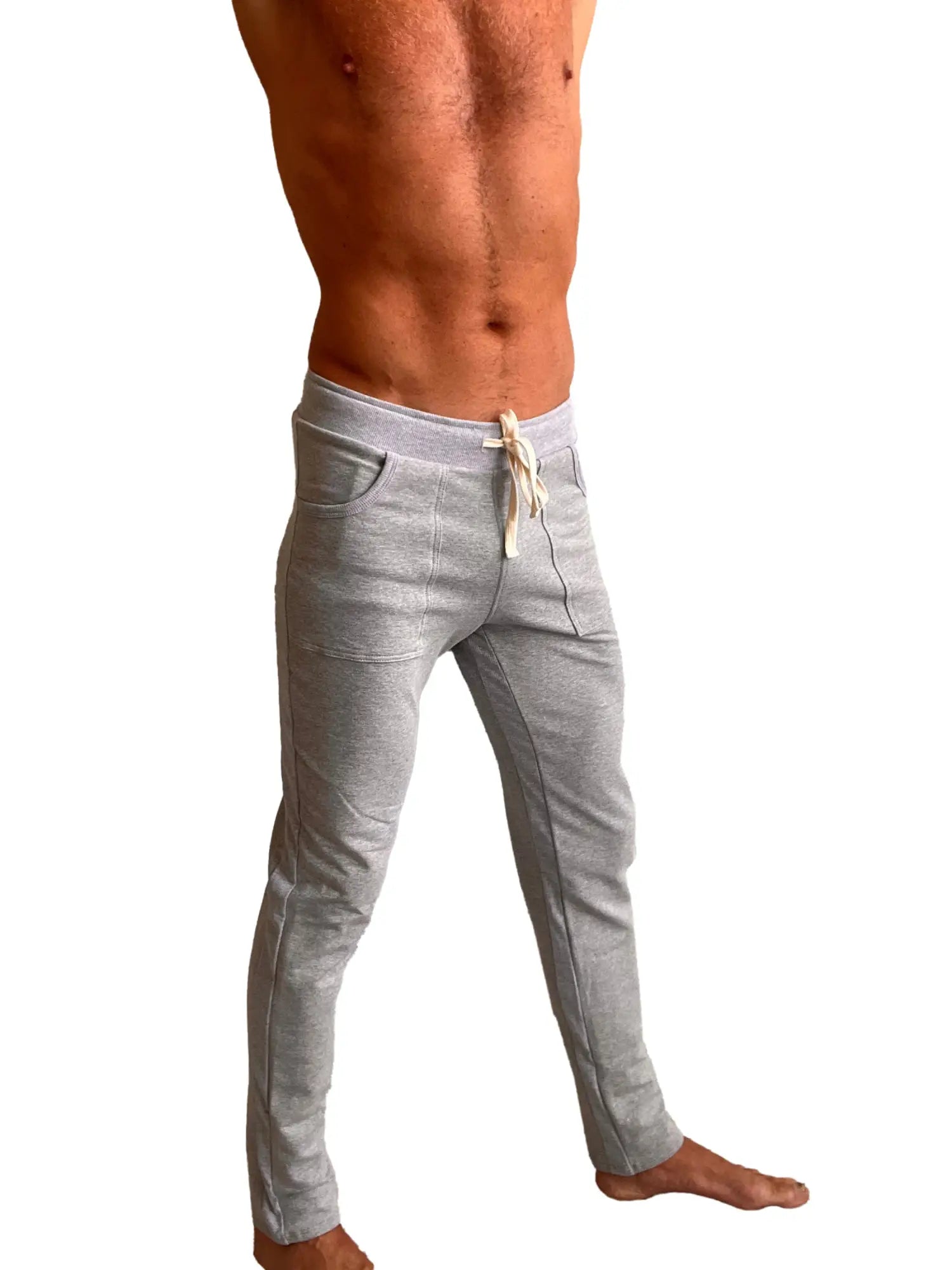 Gray heathered mid-weight luxury-fleece jogger pants with drawstring waist and side pockets winter collection