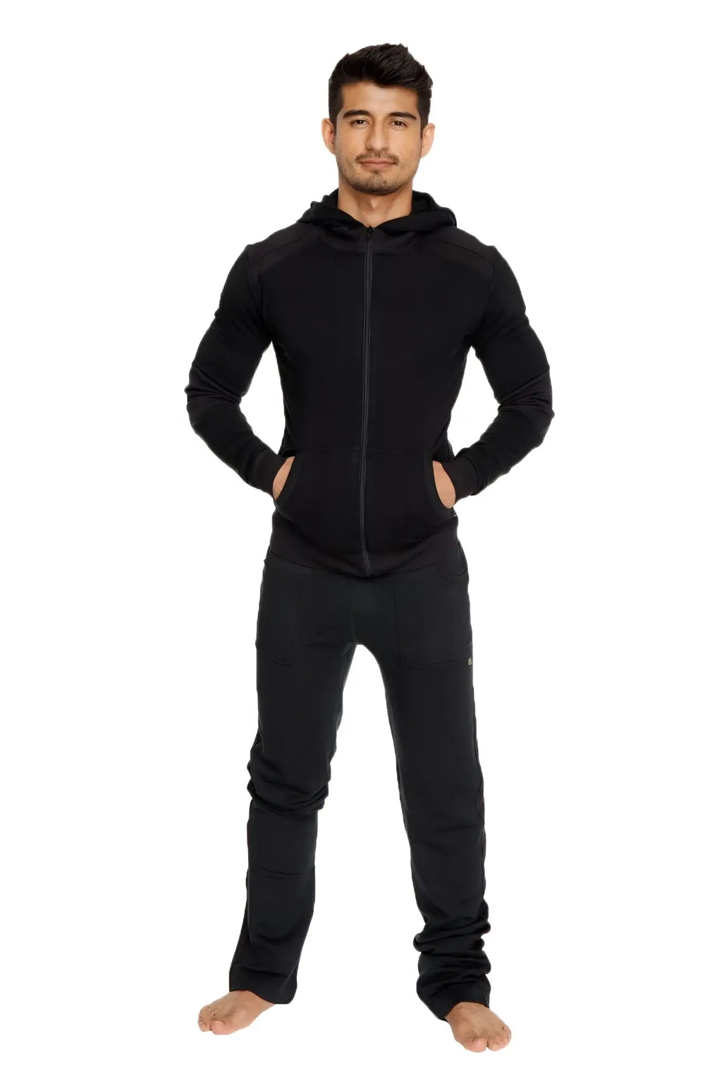 Black zip-up hoodie with long sleeves and front pockets from winter collection mid-weight luxury fleece line