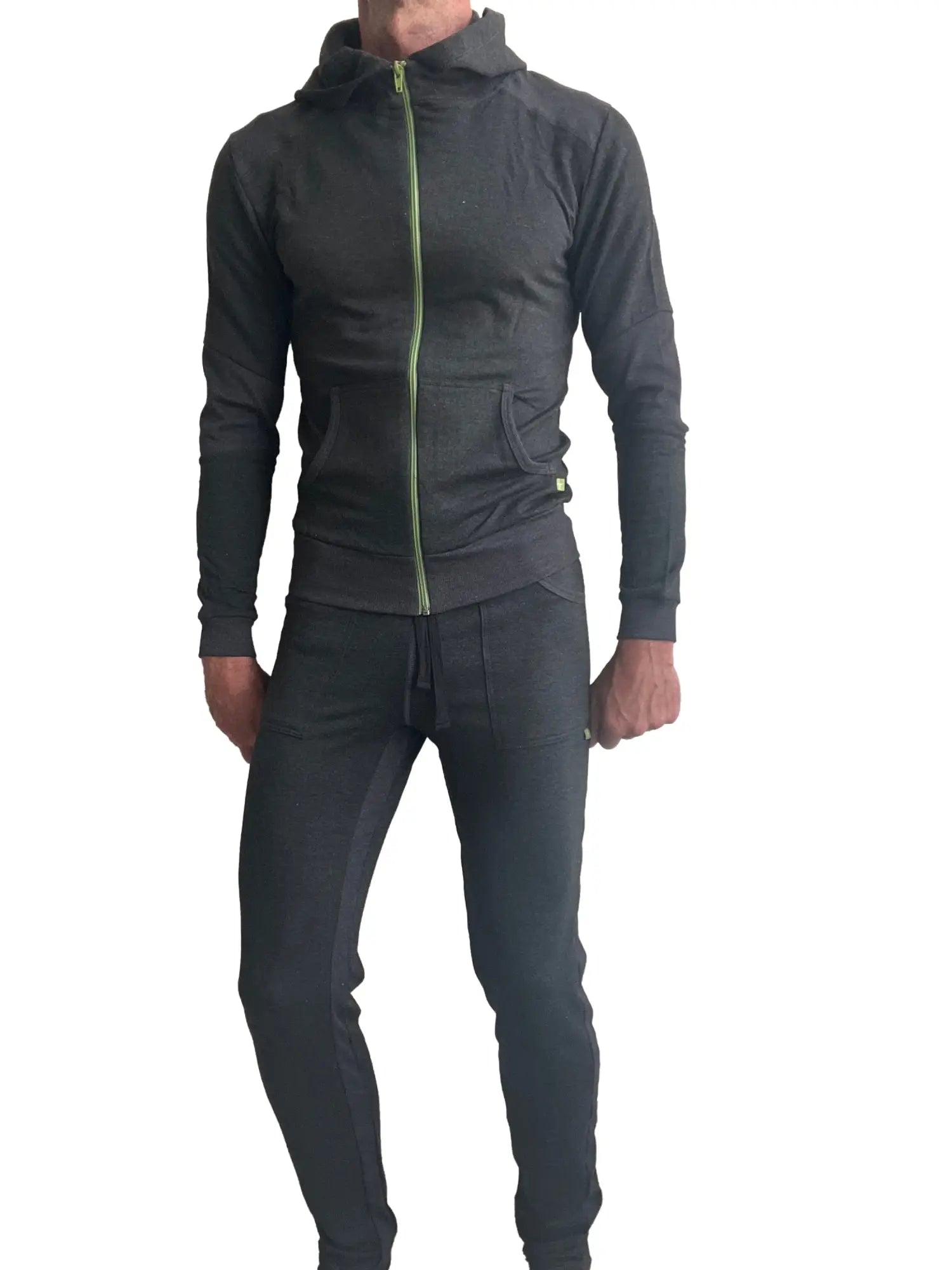 Black zip-up hoodie with neon green zipper and matching mid-weight charcoal fleece track pants for winter collection